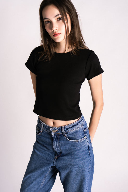 thick ribbed cap sleeve t-shirt baby tee black