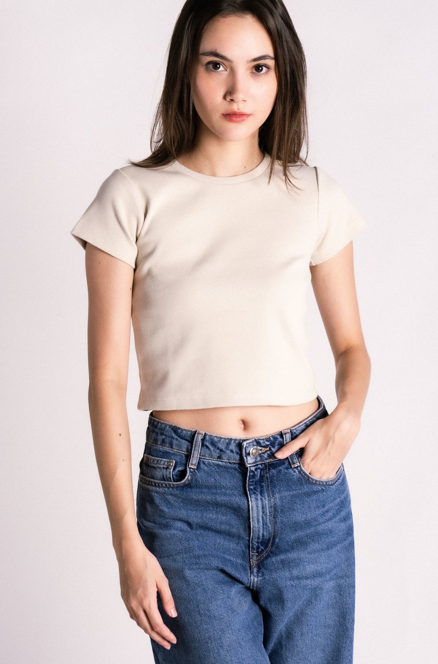 thick ribbed cap sleeve t-shirt baby tee tan beige nude