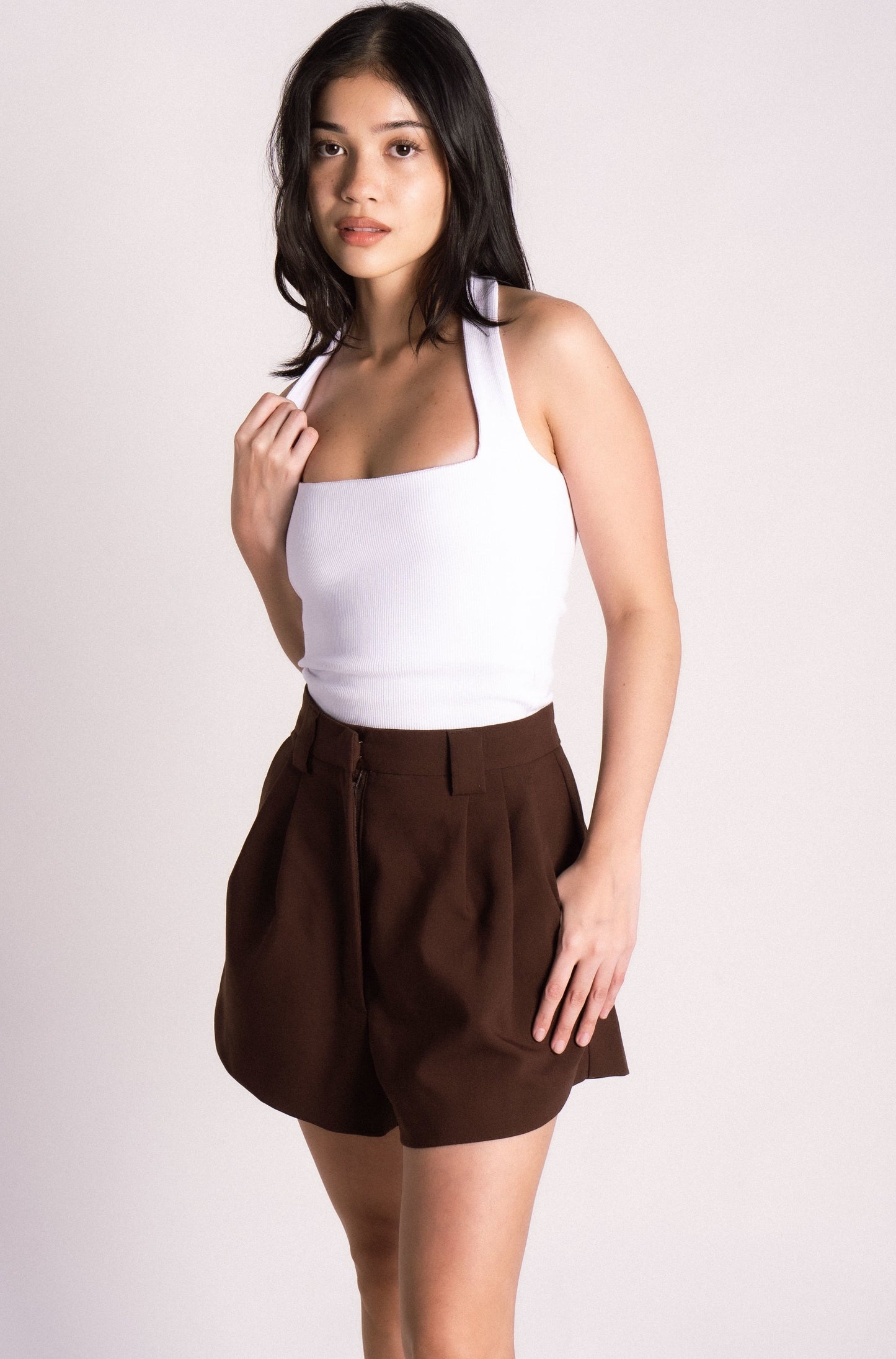 high waist cinch tailored pleated shorts chocolate brown