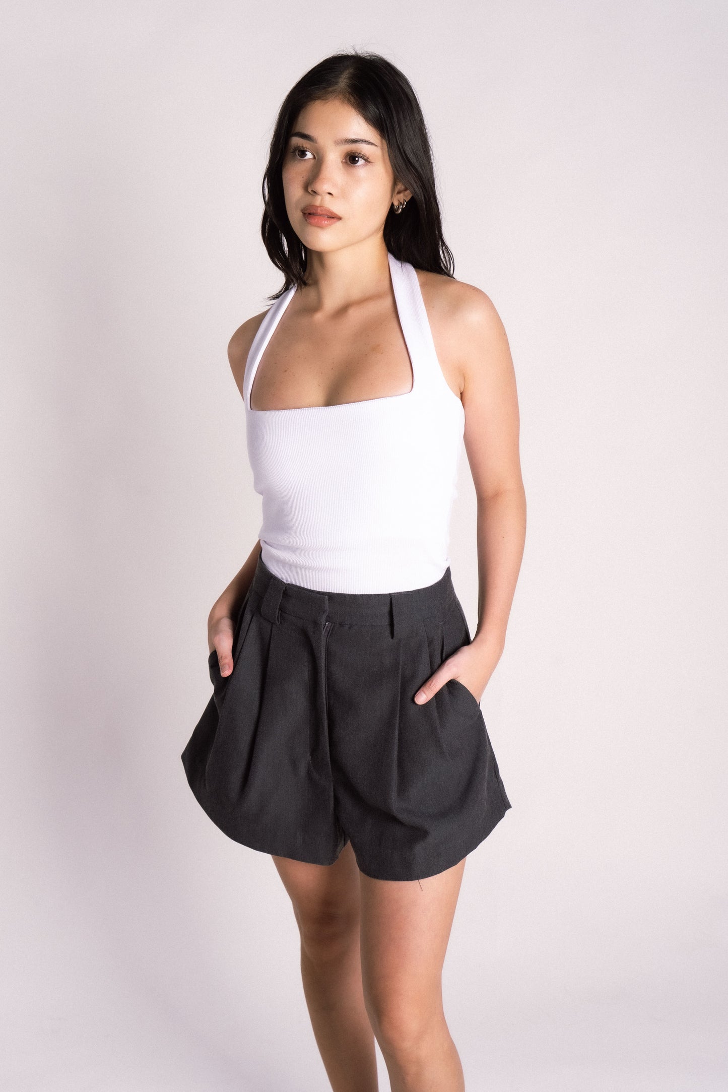high waist cinch tailored pleated shorts grey
