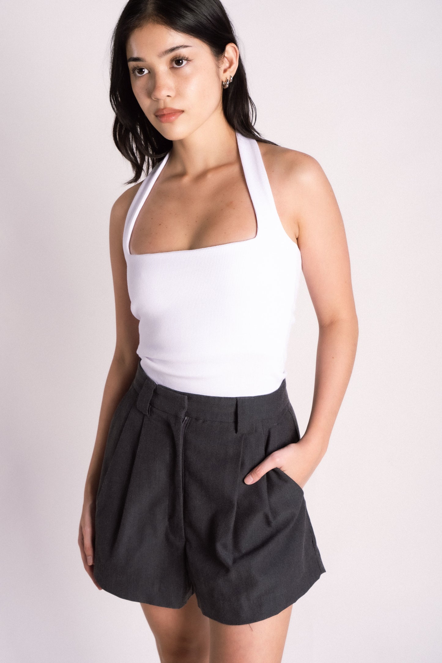 high waist cinch tailored pleated shorts grey