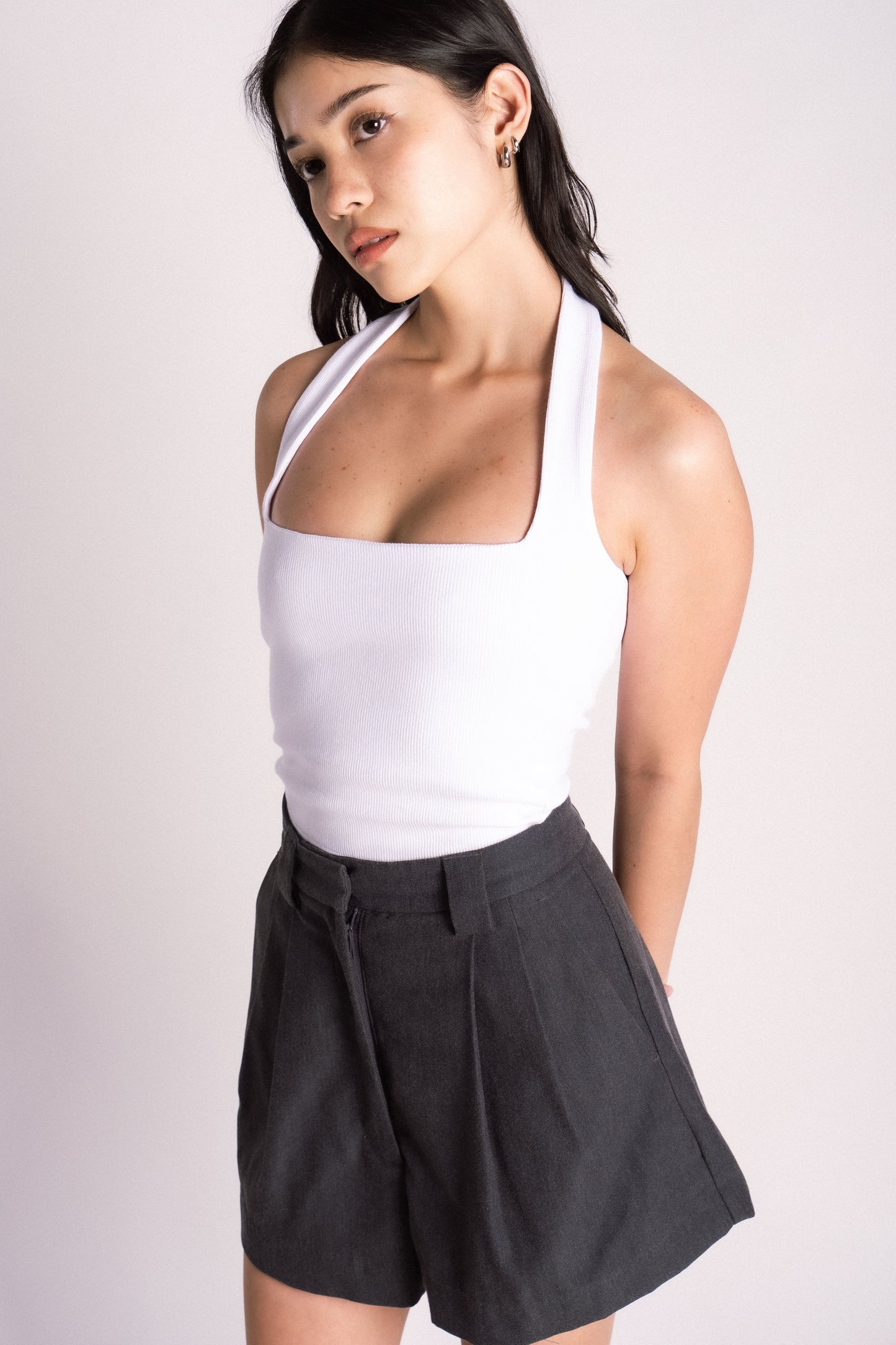 high waist cinch tailored pleated shorts grey