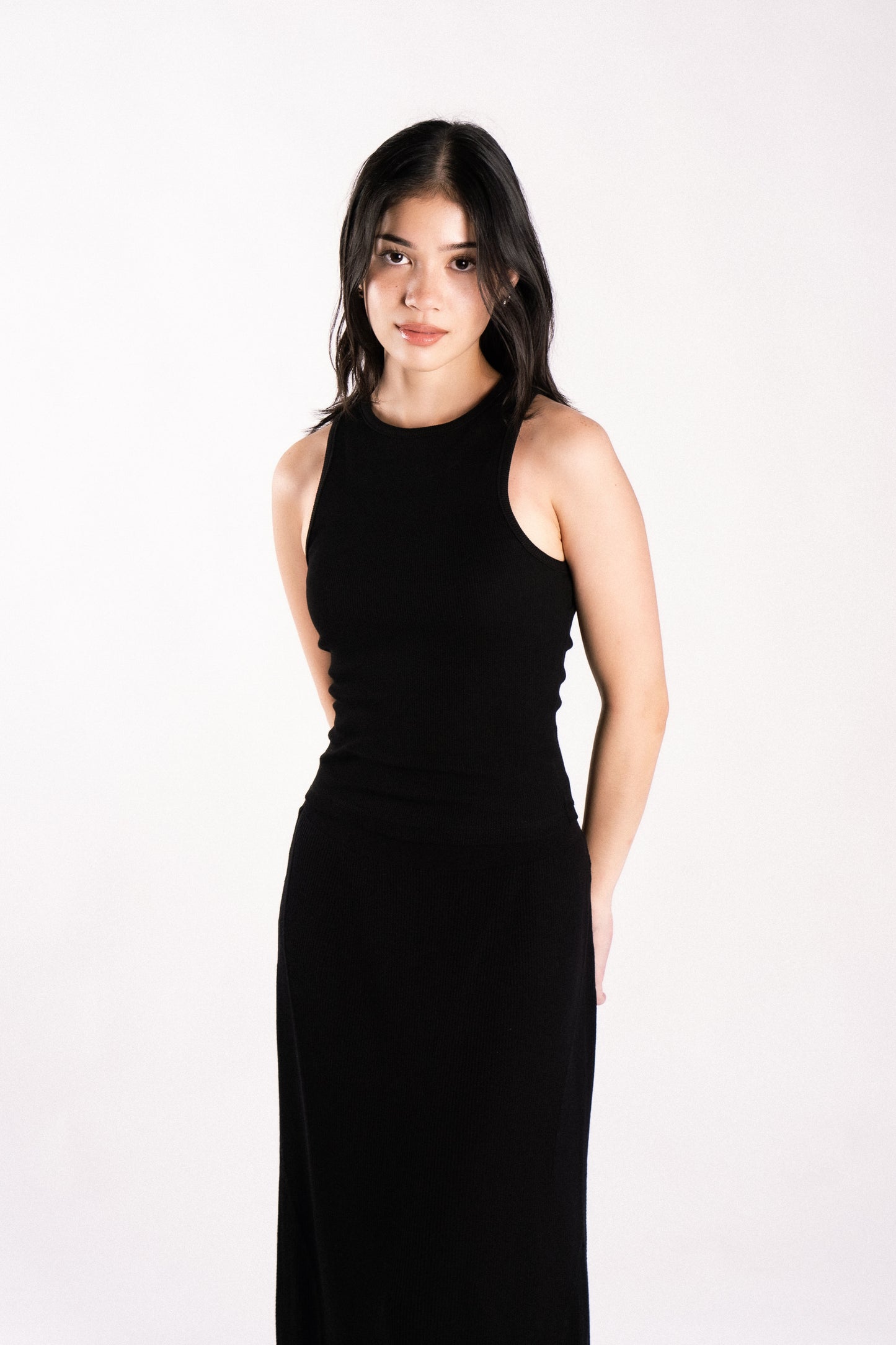 thick ribbed high neck tank top with back cutout backless black