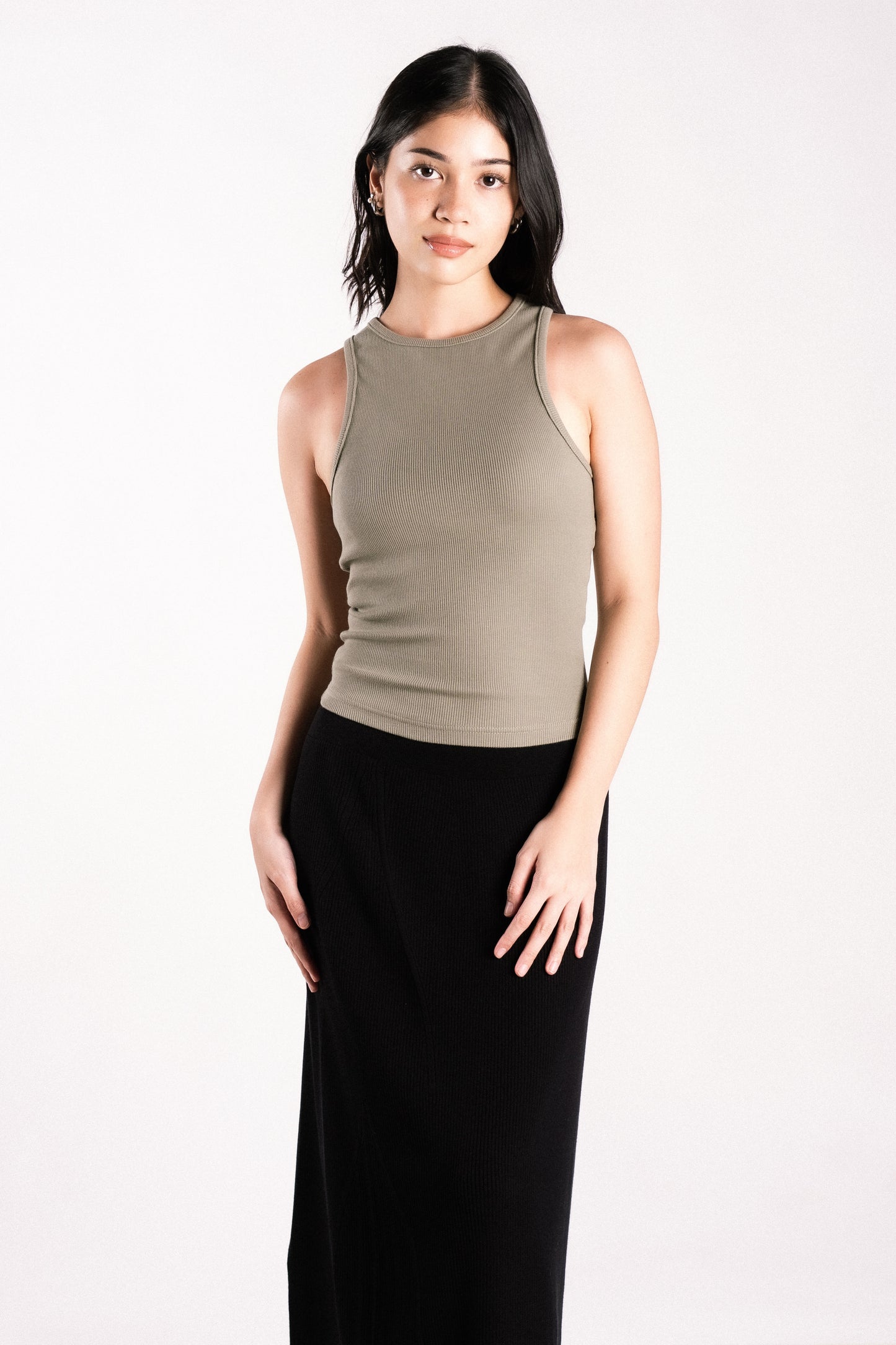 thick ribbed high neck tank top with back cutout backless olive green