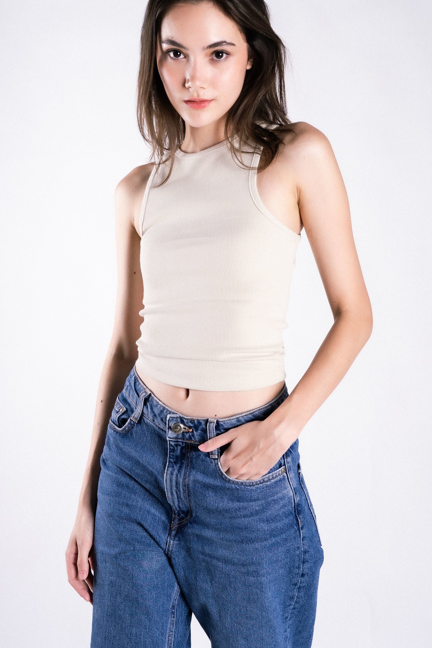 thick ribbed high neck tank top with back cutout backless beige tan nude