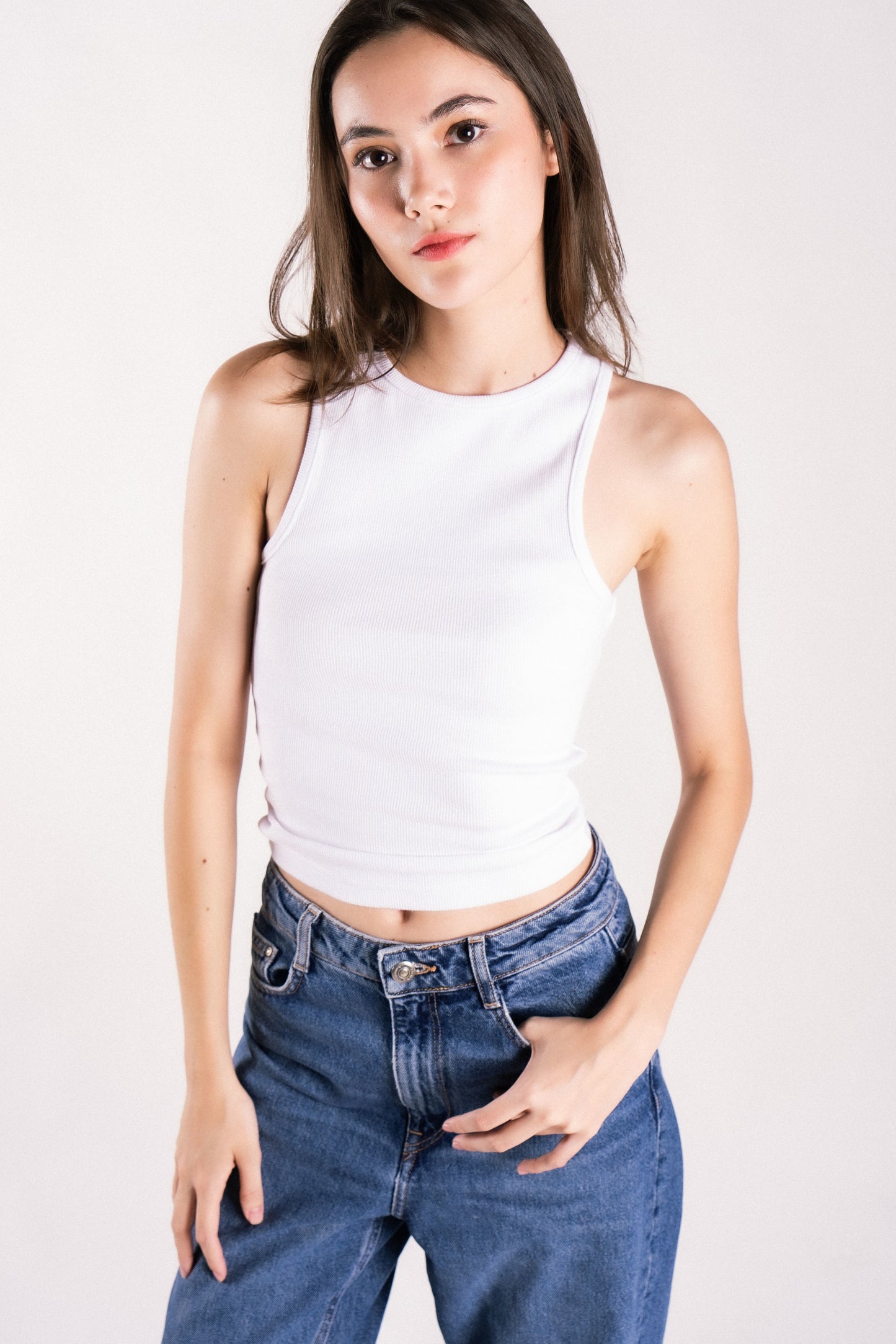 thick ribbed high neck tank top with back cutout backless white