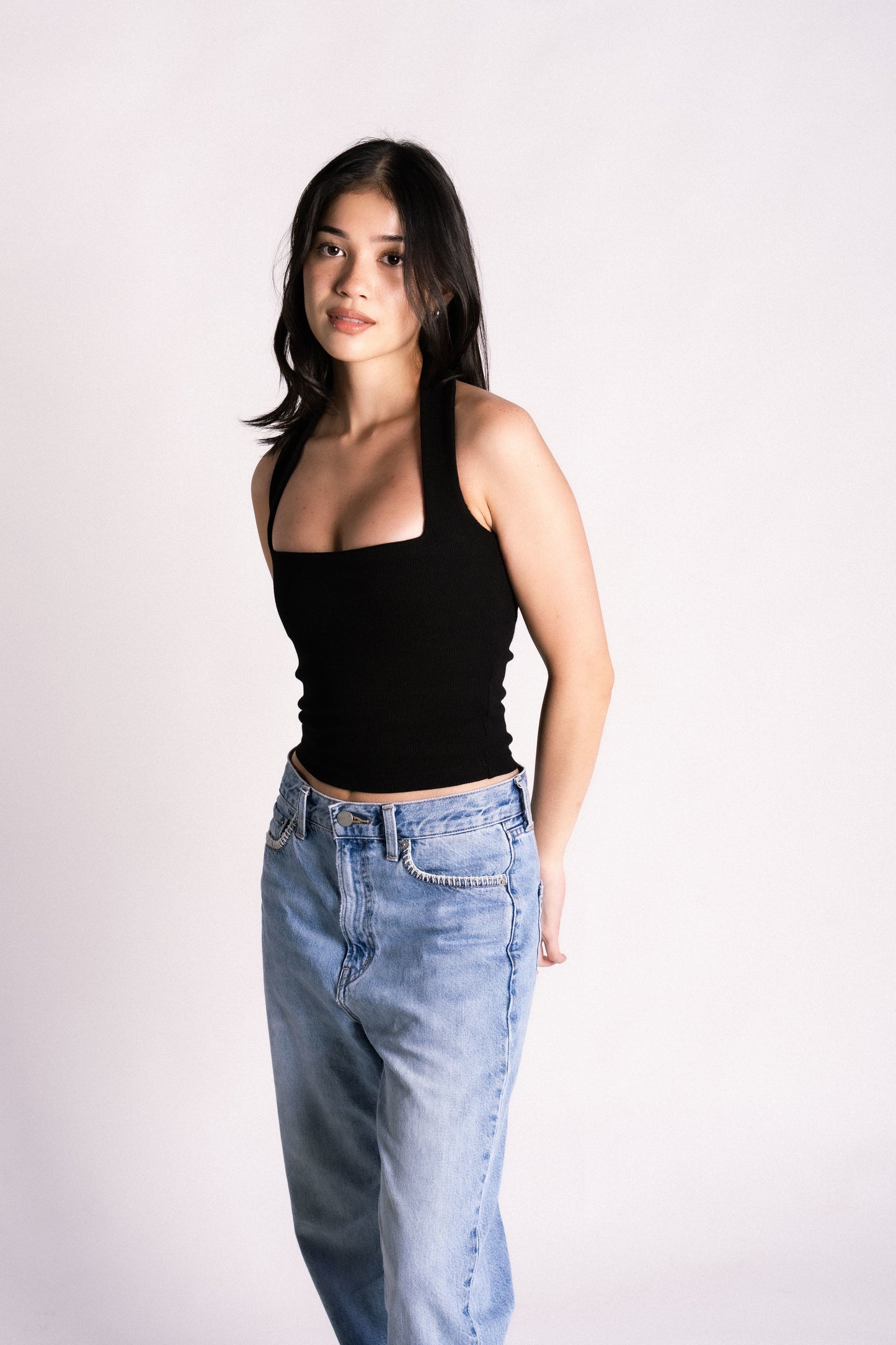 double lined bust lining thick ribbed halter backless tank top black
