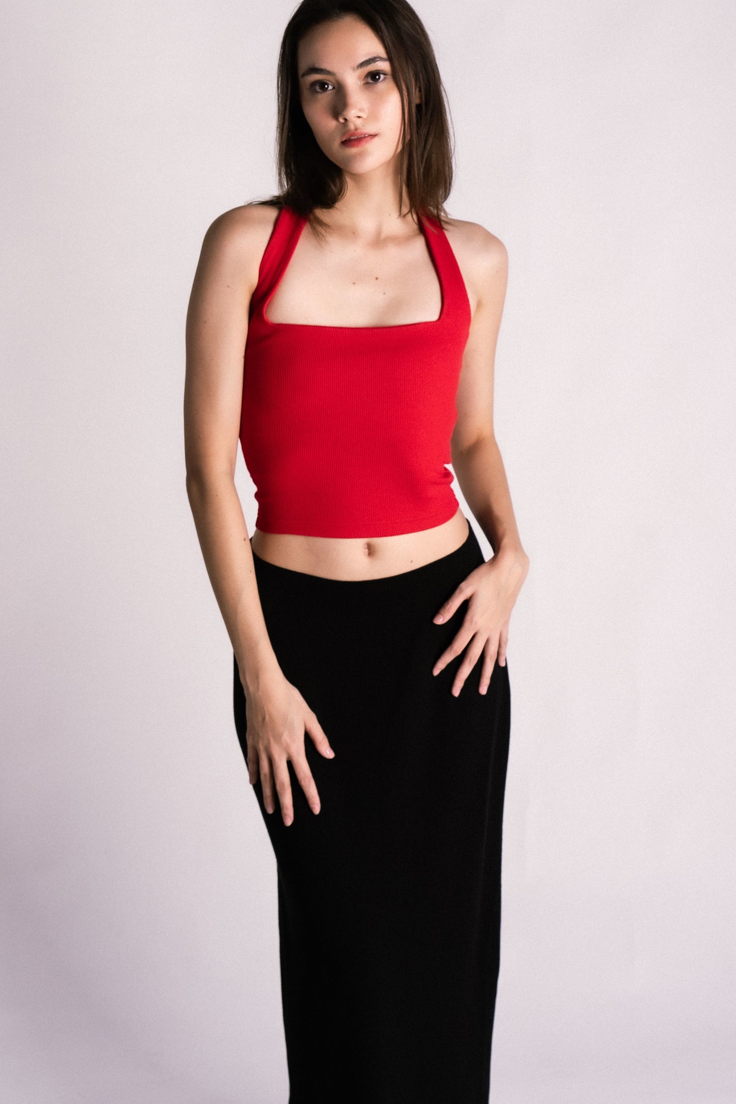 double lined bust lining thick ribbed halter backless tank top cherry red