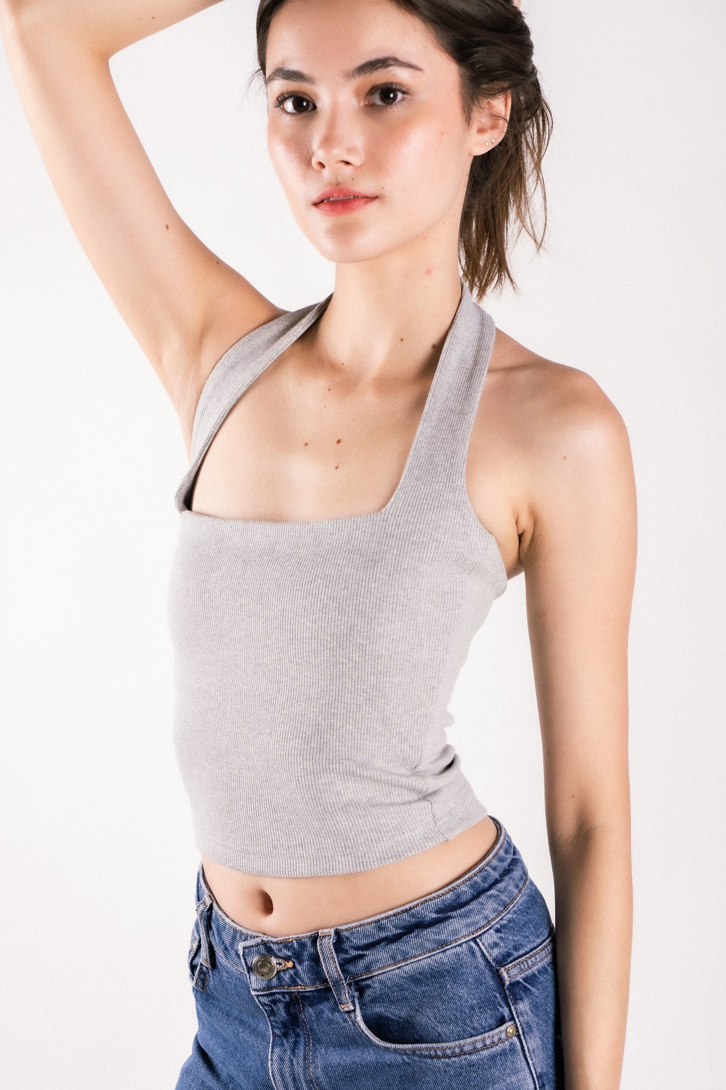 double lined bust lining thick ribbed halter backless tank top grey