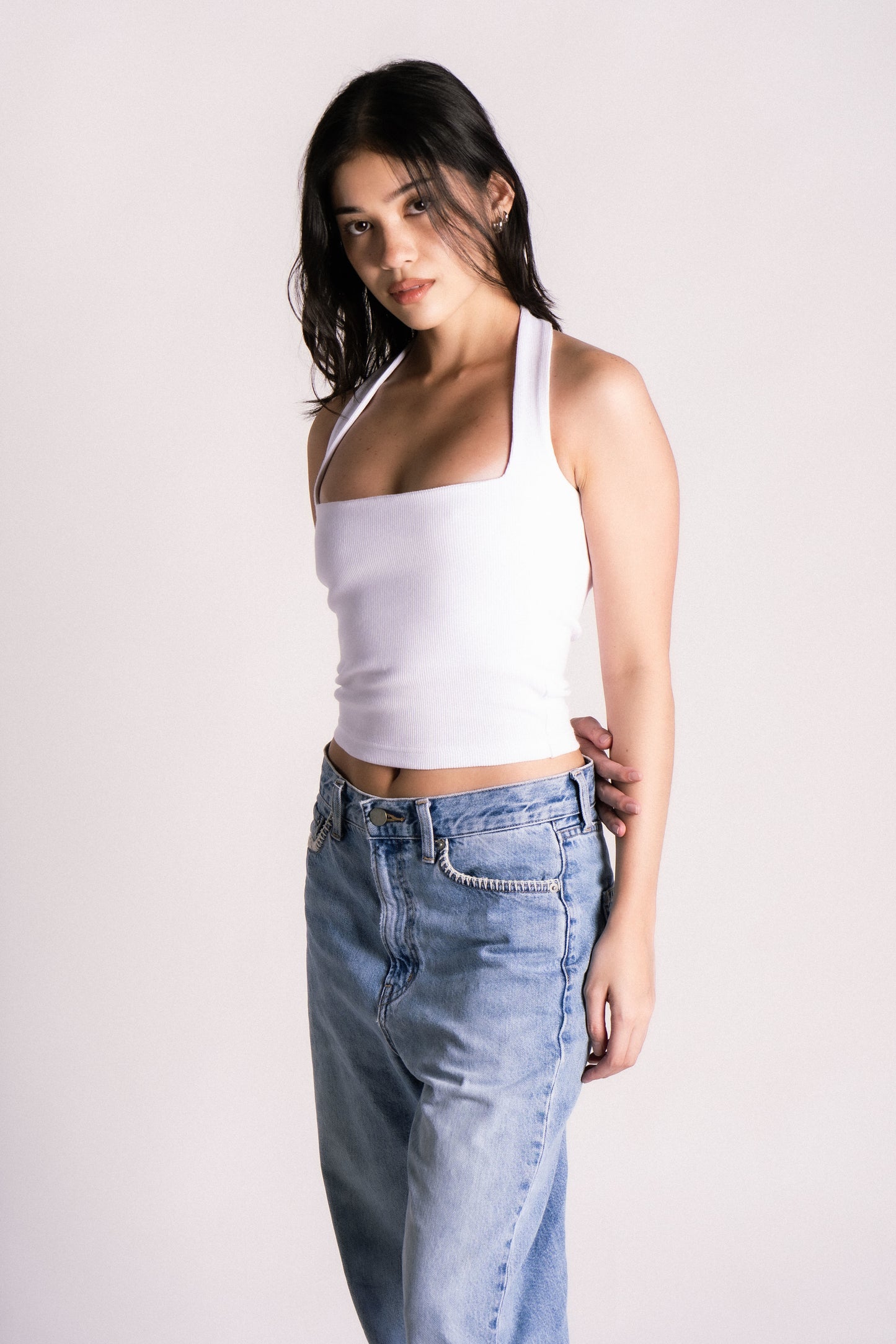 double lined bust lining thick ribbed halter backless tank top white