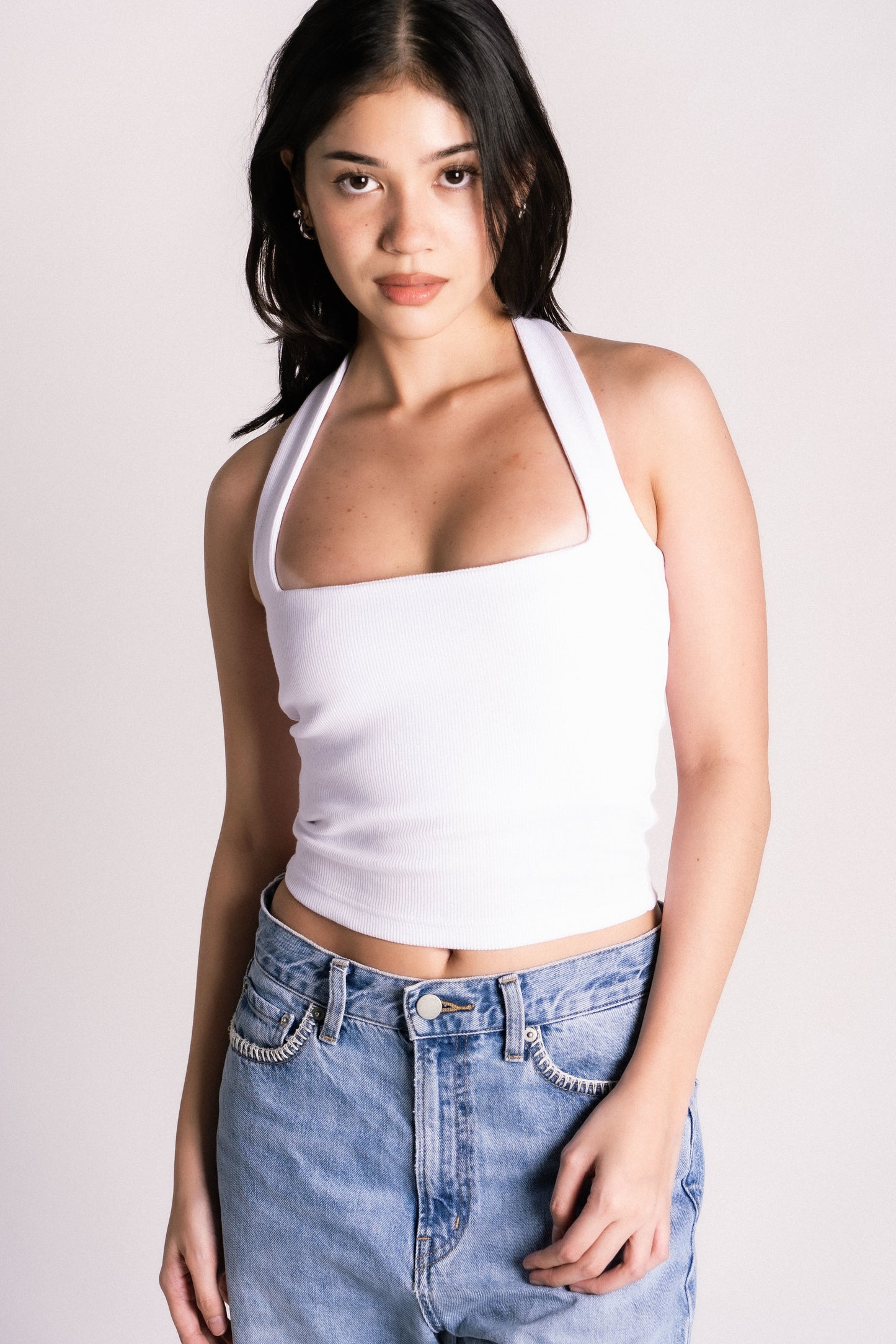 double lined bust lining thick ribbed halter backless tank top white