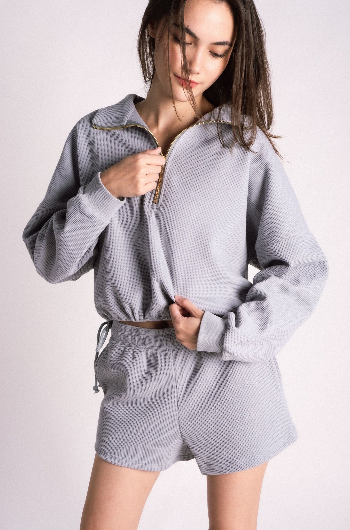 waffle knit half zip drawstring shorts set cream ash blue bubble