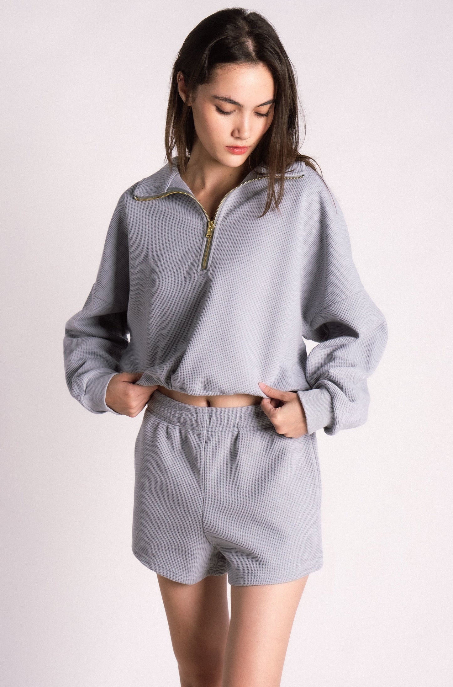 waffle knit half zip drawstring shorts set cream ash blue bubble