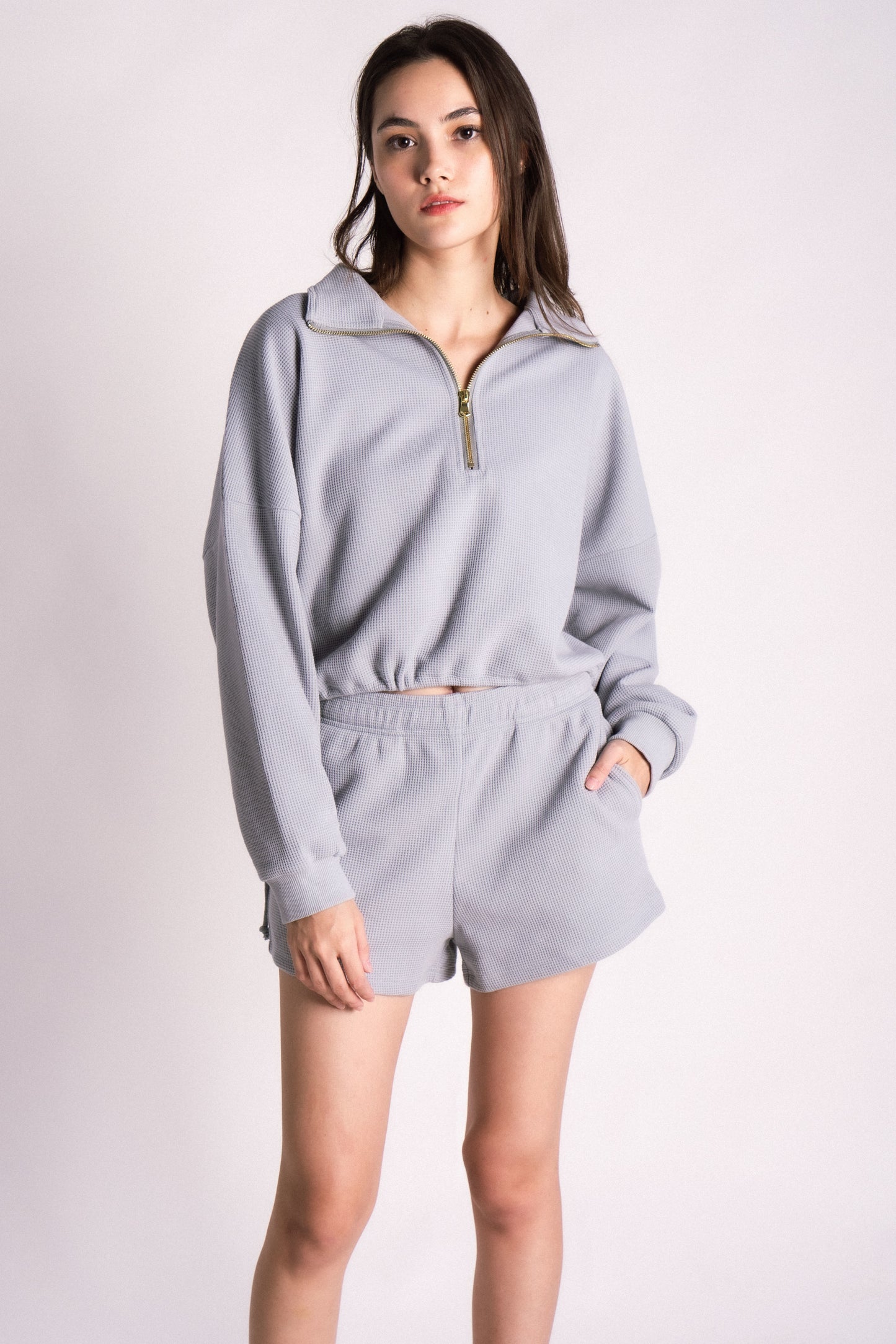 waffle knit half zip drawstring shorts set cream ash blue bubble