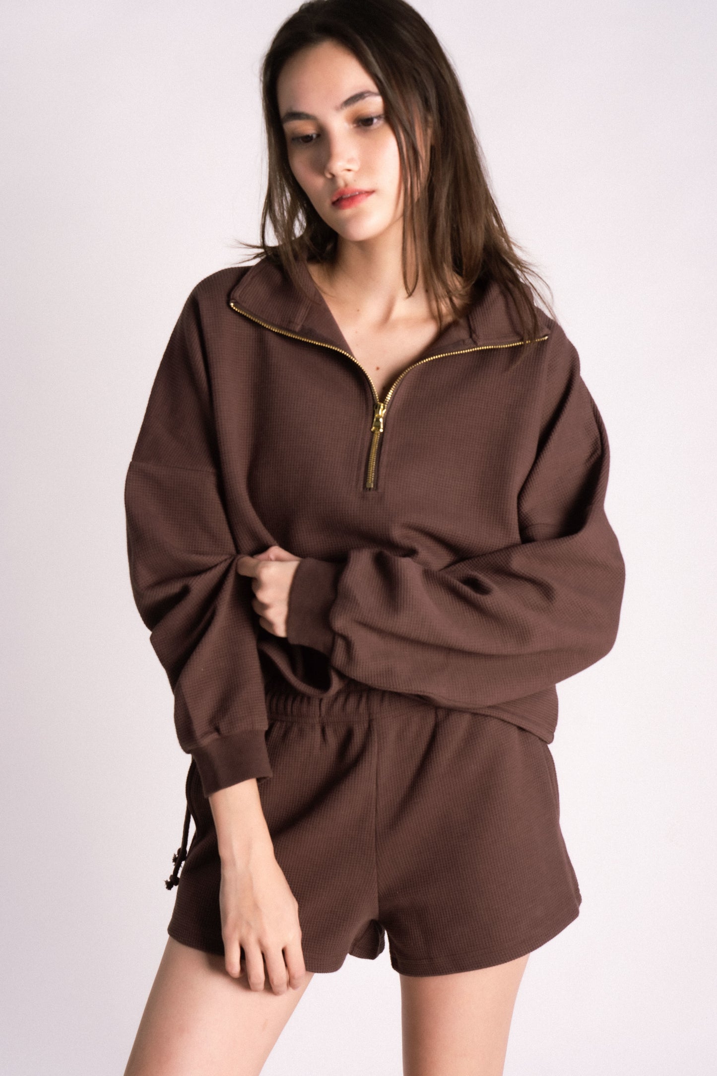 waffle knit half zip drawstring shorts set cream chocolate brown carob