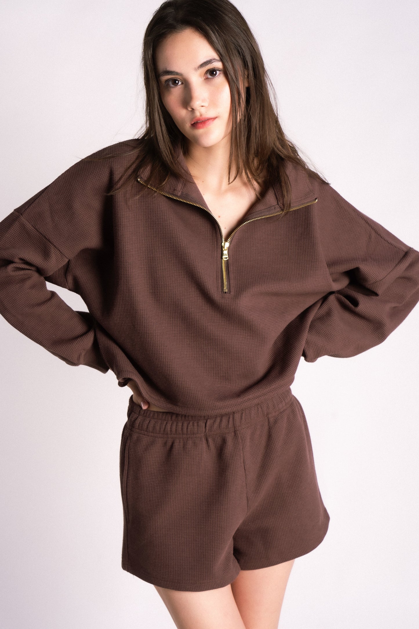 waffle knit half zip drawstring shorts set cream chocolate brown carob