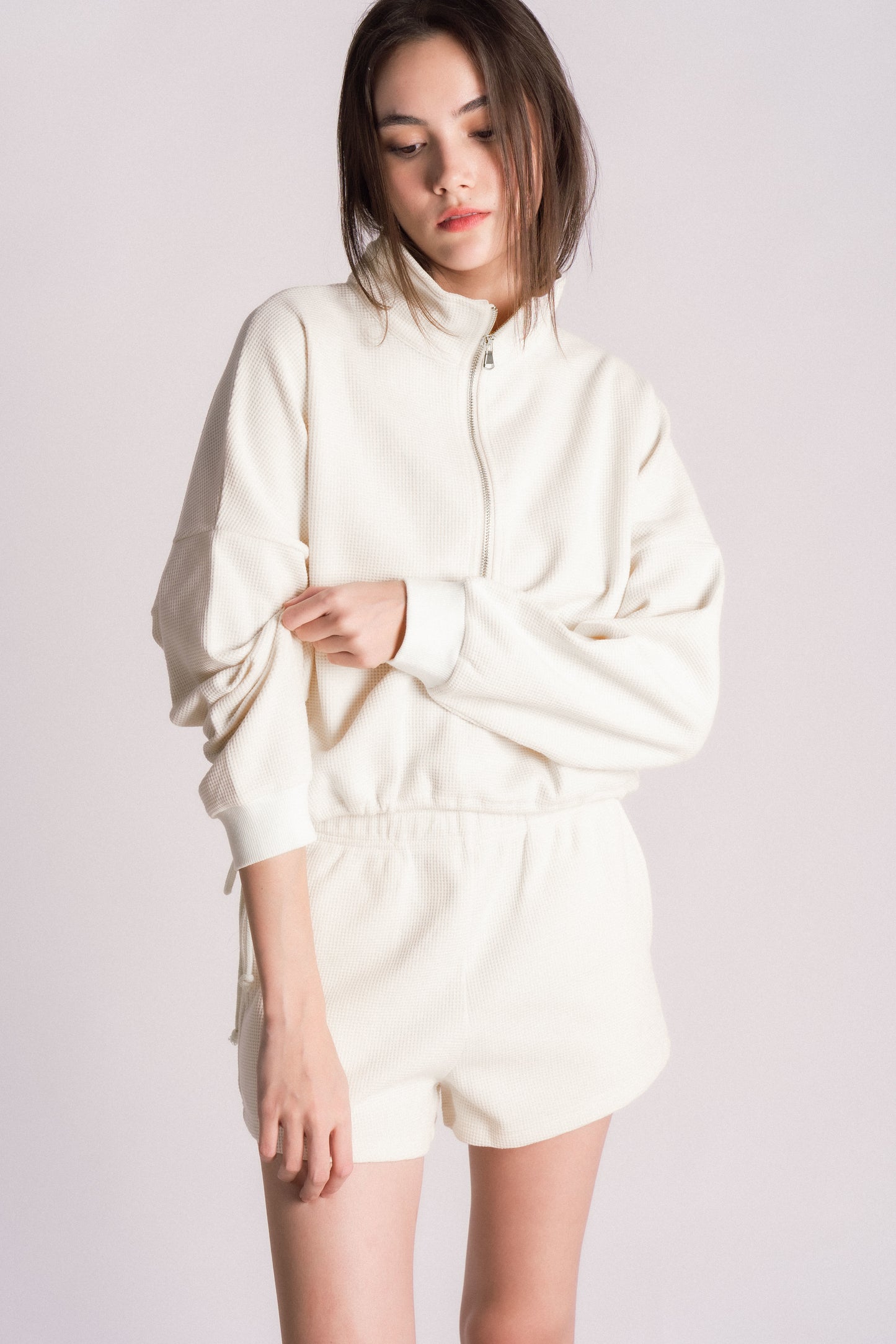 waffle knit half zip drawstring shorts set cream off white eggshell