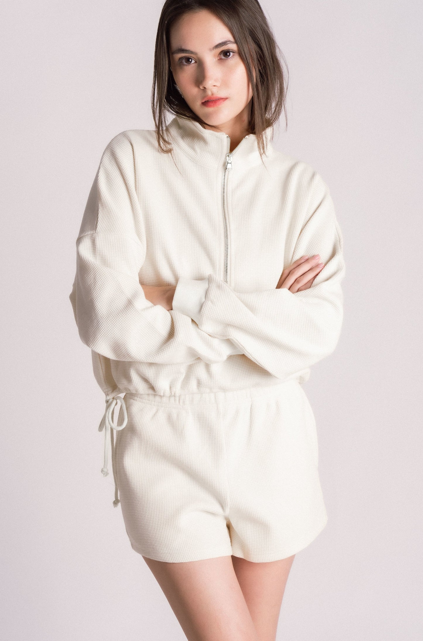 waffle knit half zip drawstring shorts set cream off white eggshell