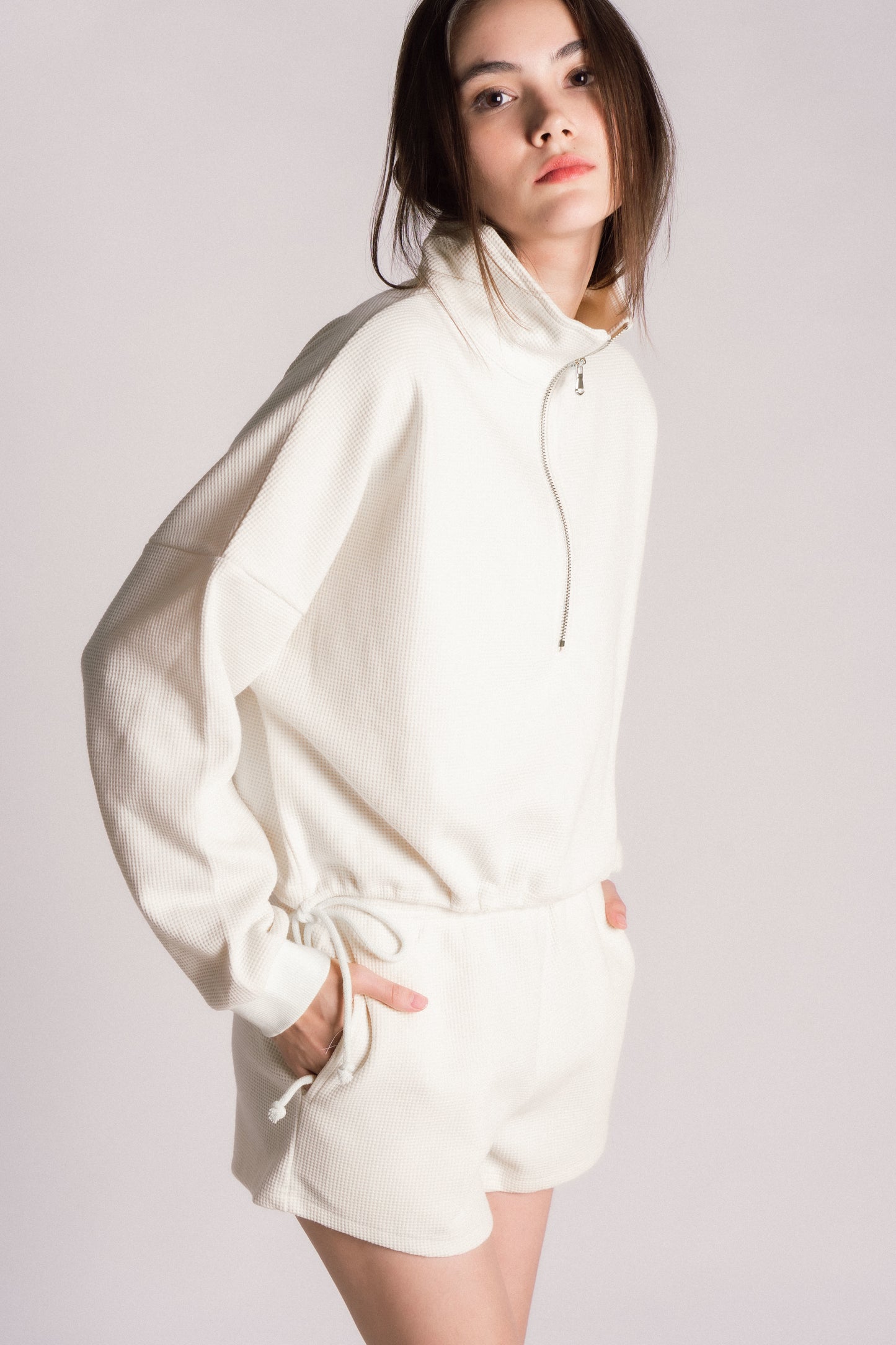 waffle knit half zip drawstring shorts set cream off white eggshell