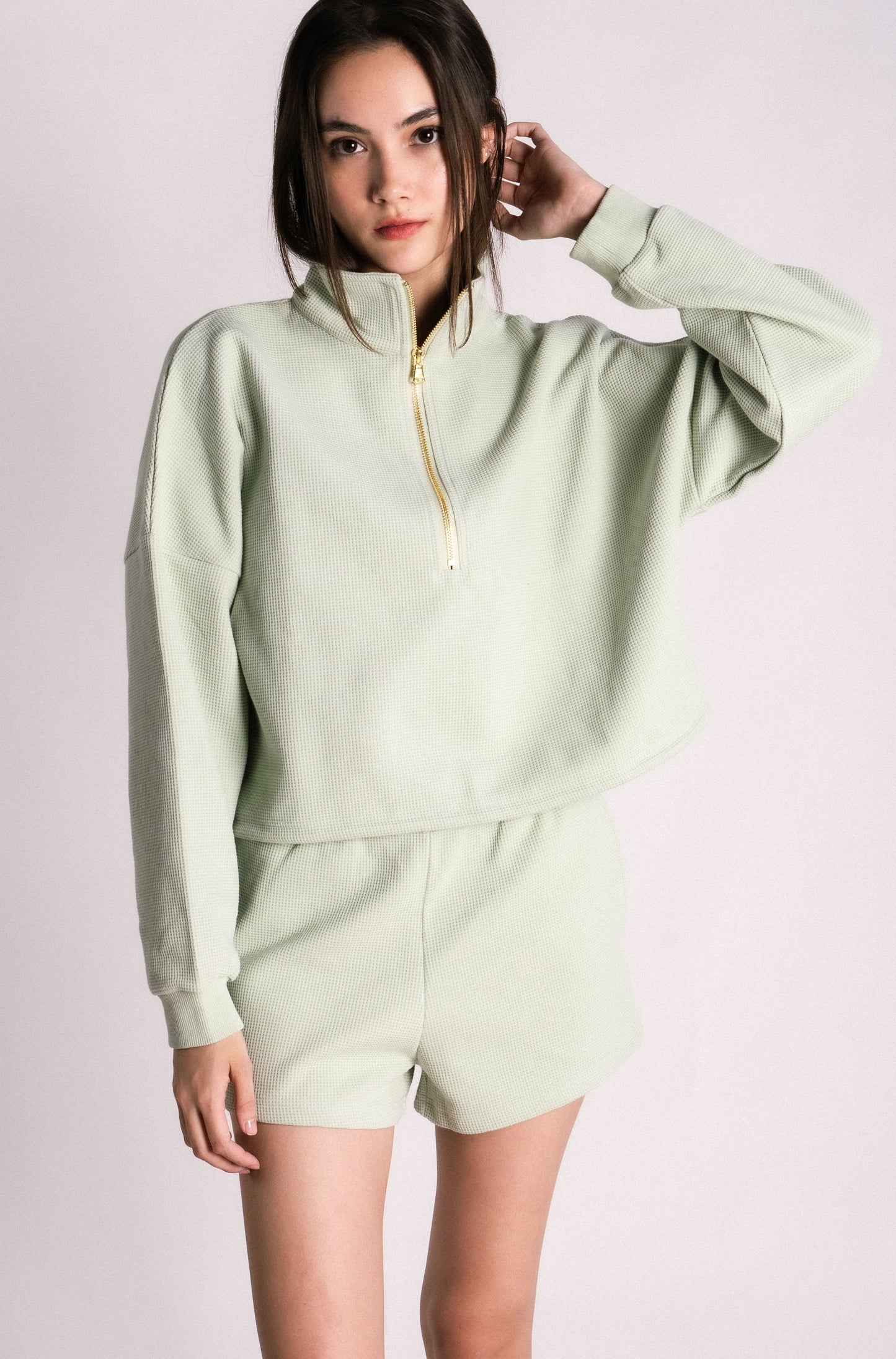 waffle knit half zip drawstring shorts set seafoam mint green