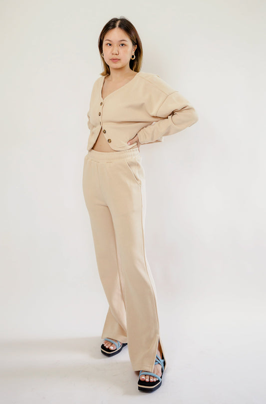 Knit flare drawstring pants with slit beige biscuit