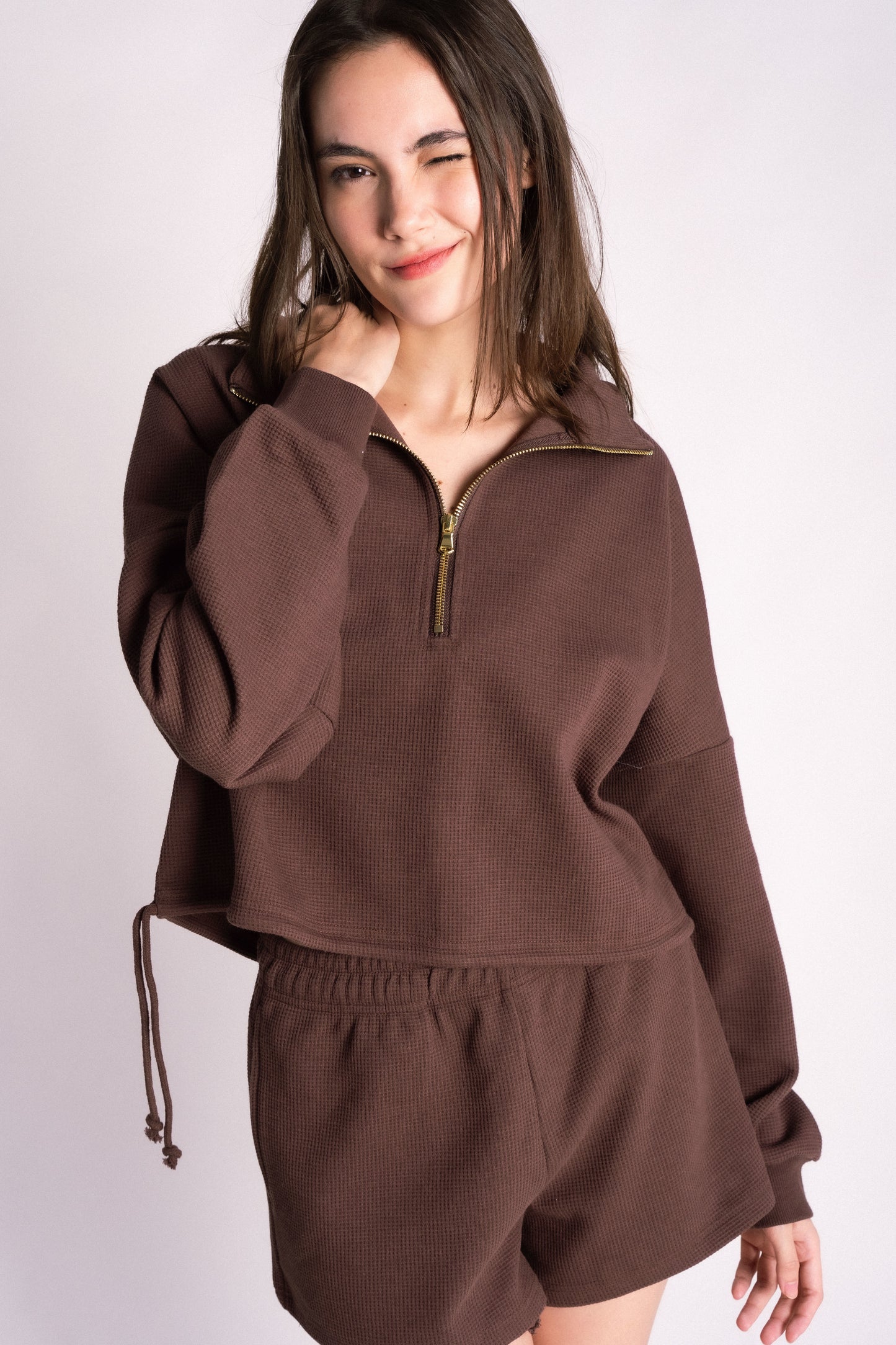 waffle knit half zip drawstring shorts set chocolate brown carob