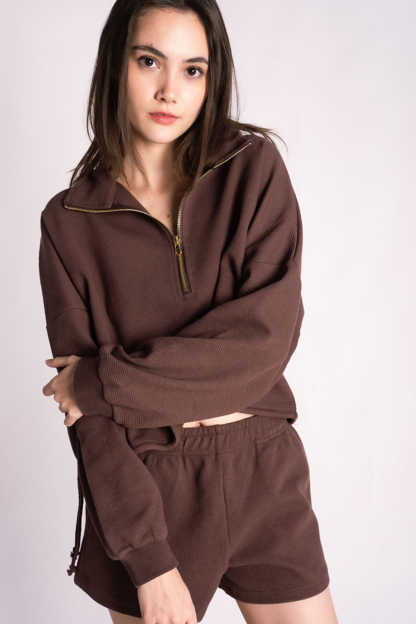 waffle knit half zip drawstring shorts set chocolate brown carob