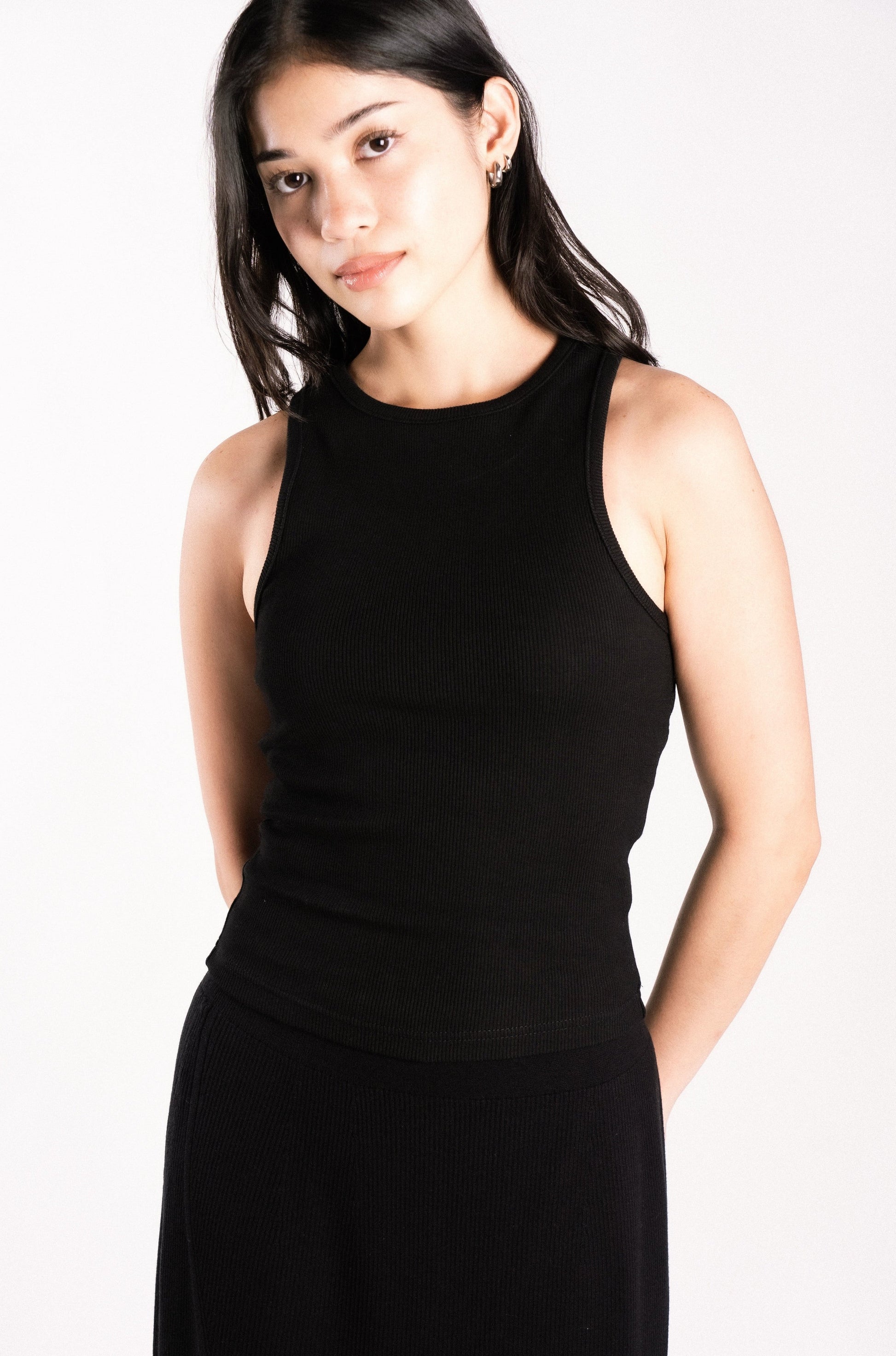 thick ribbed high neck tank top with back cutout backless black
