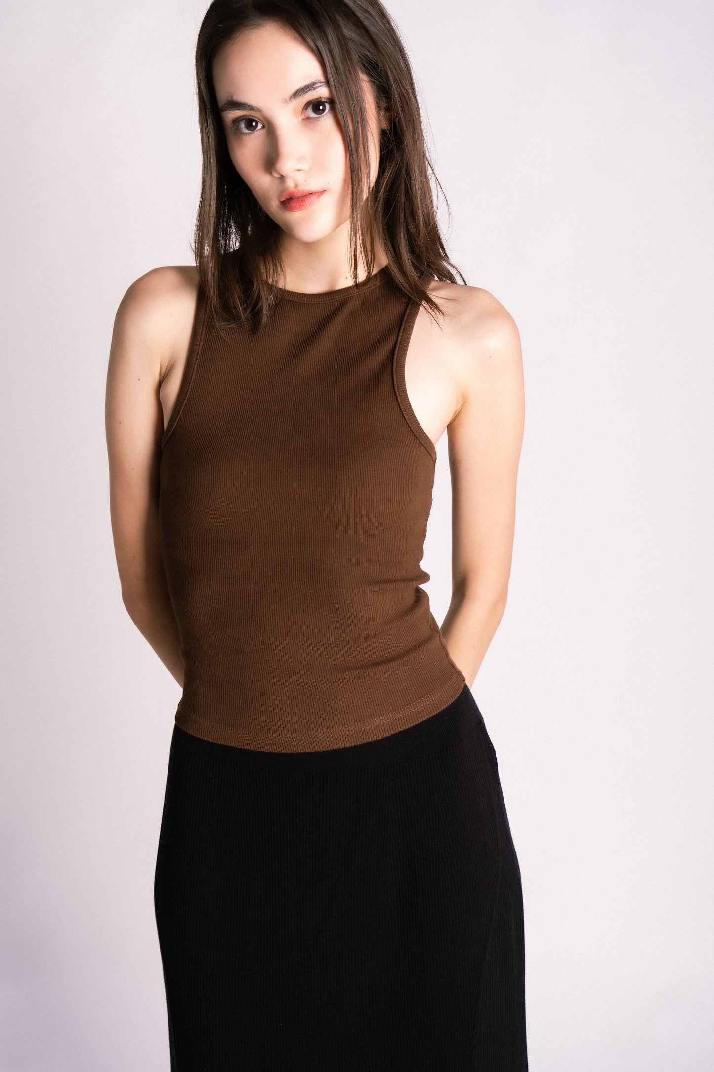 thick ribbed high neck tank top with back cutout backless chocolate brown espresso