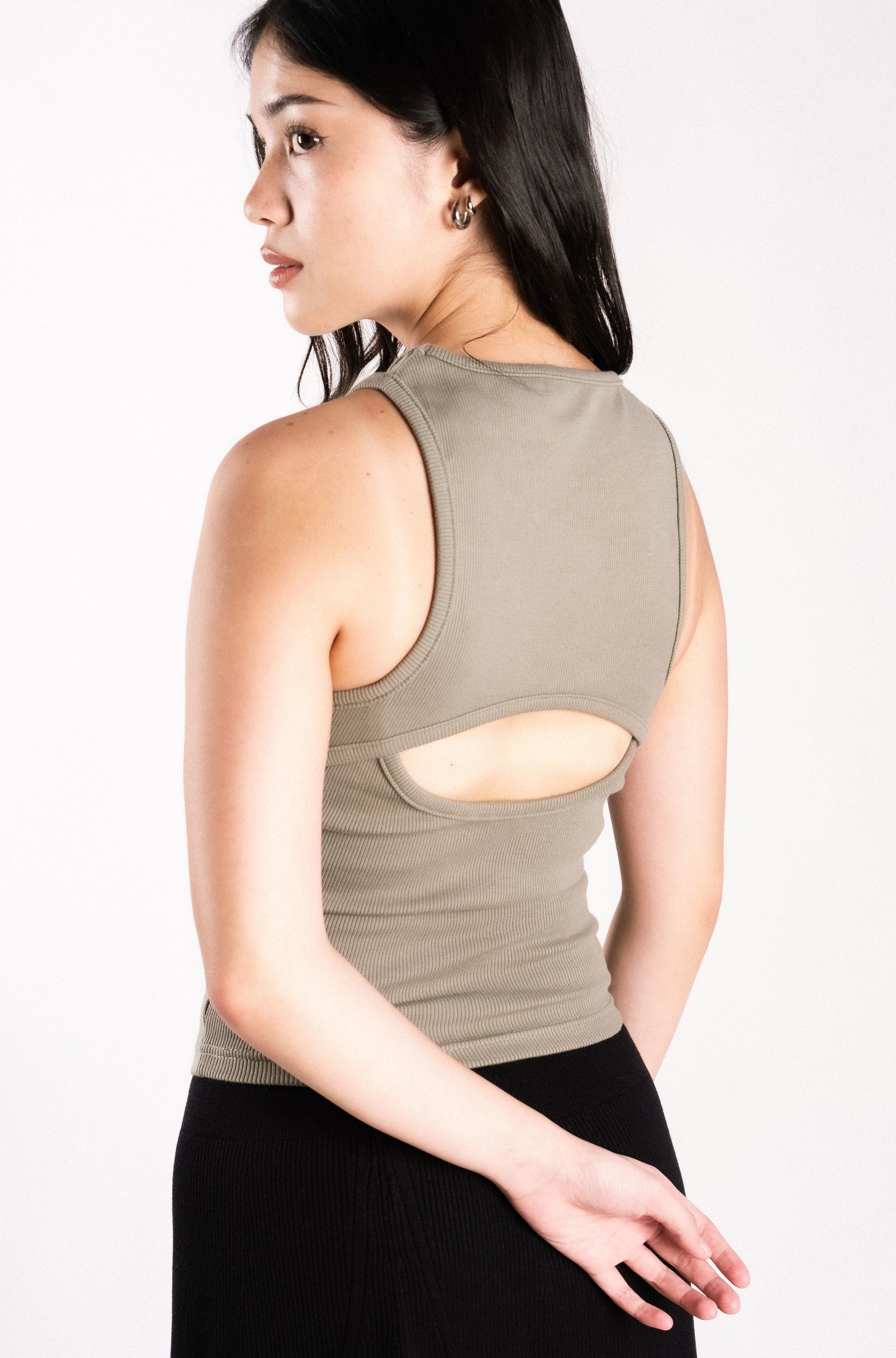 thick ribbed high neck tank top with back cutout backless olive green