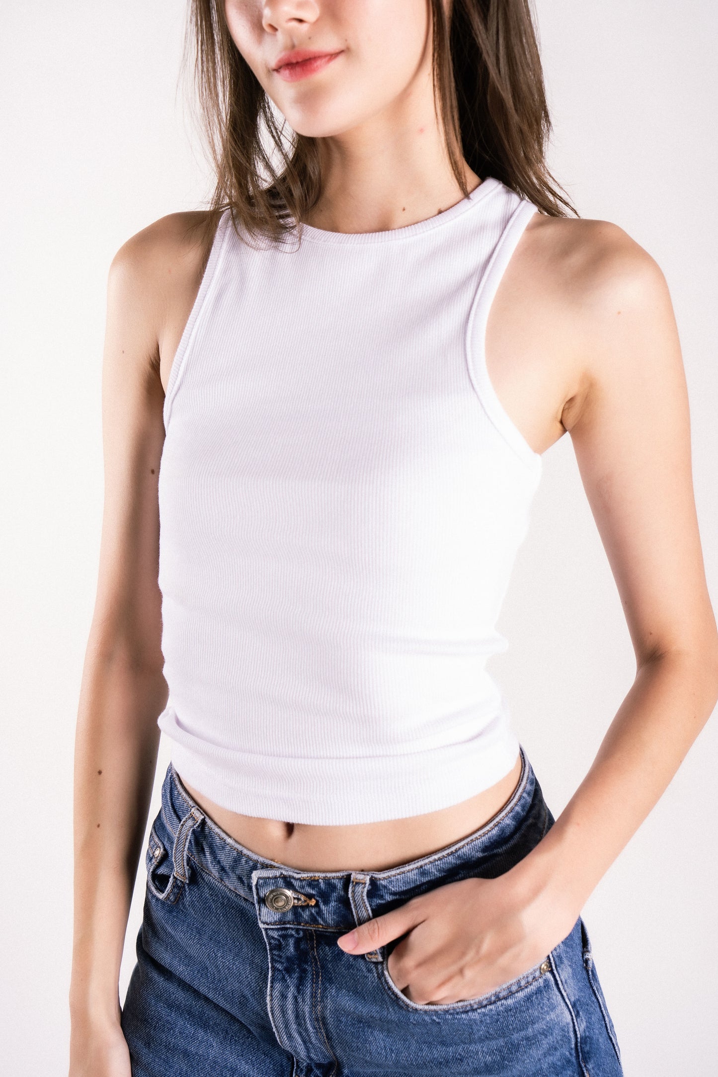 thick ribbed high neck tank top with back cutout backless white
