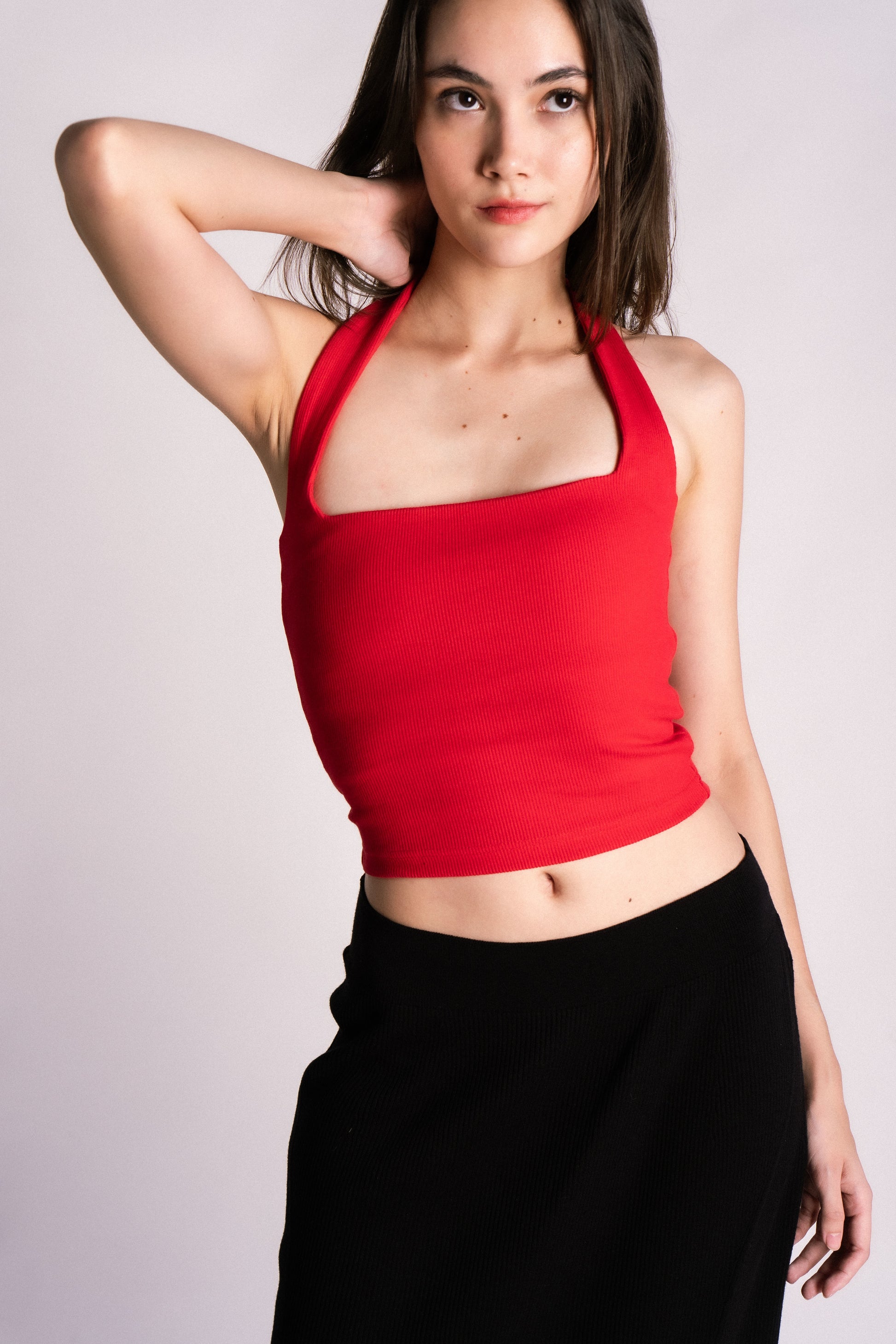 double lined bust lining thick ribbed halter backless tank top cherry red