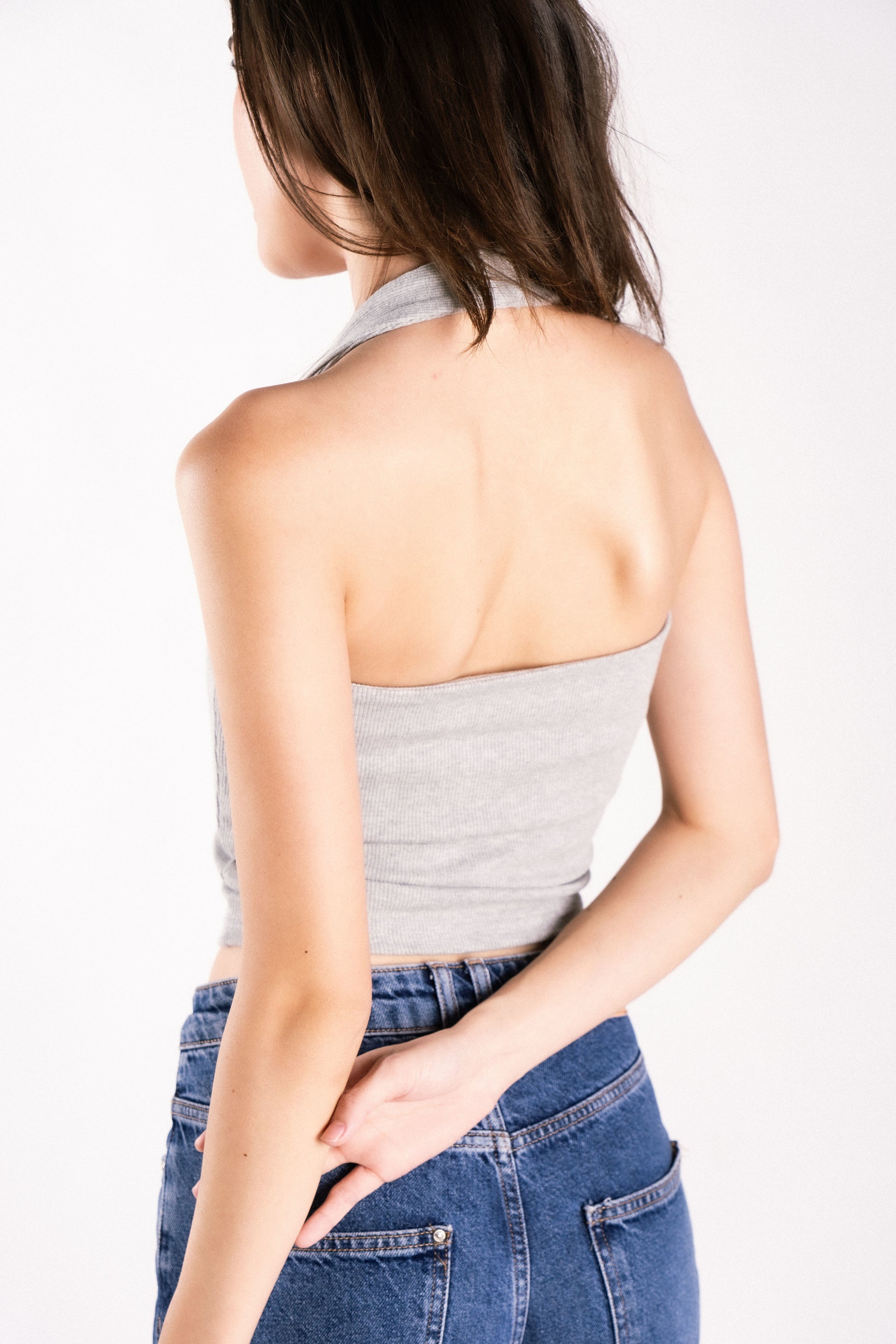 double lined bust lining thick ribbed halter backless tank top grey