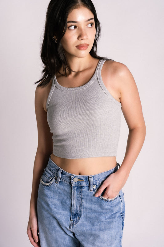 Thick ribbed halter racer tank top grey