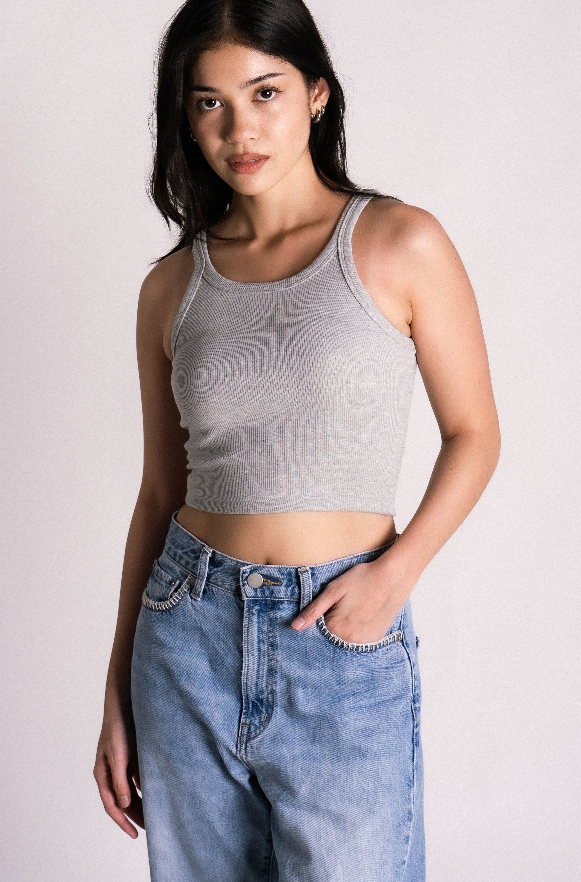 Thick ribbed halter racer tank top grey
