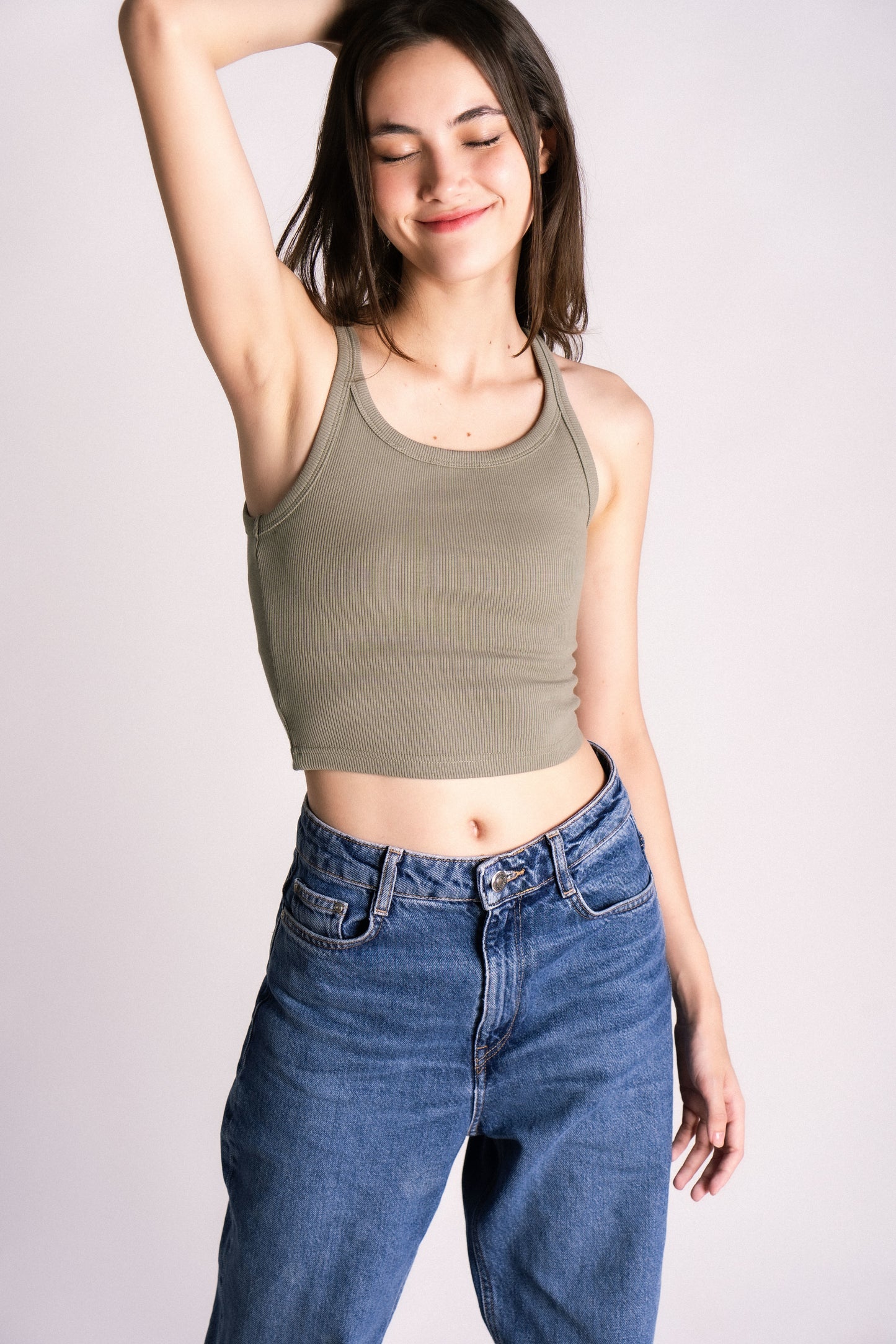 Thick ribbed halter racer tank top olive green