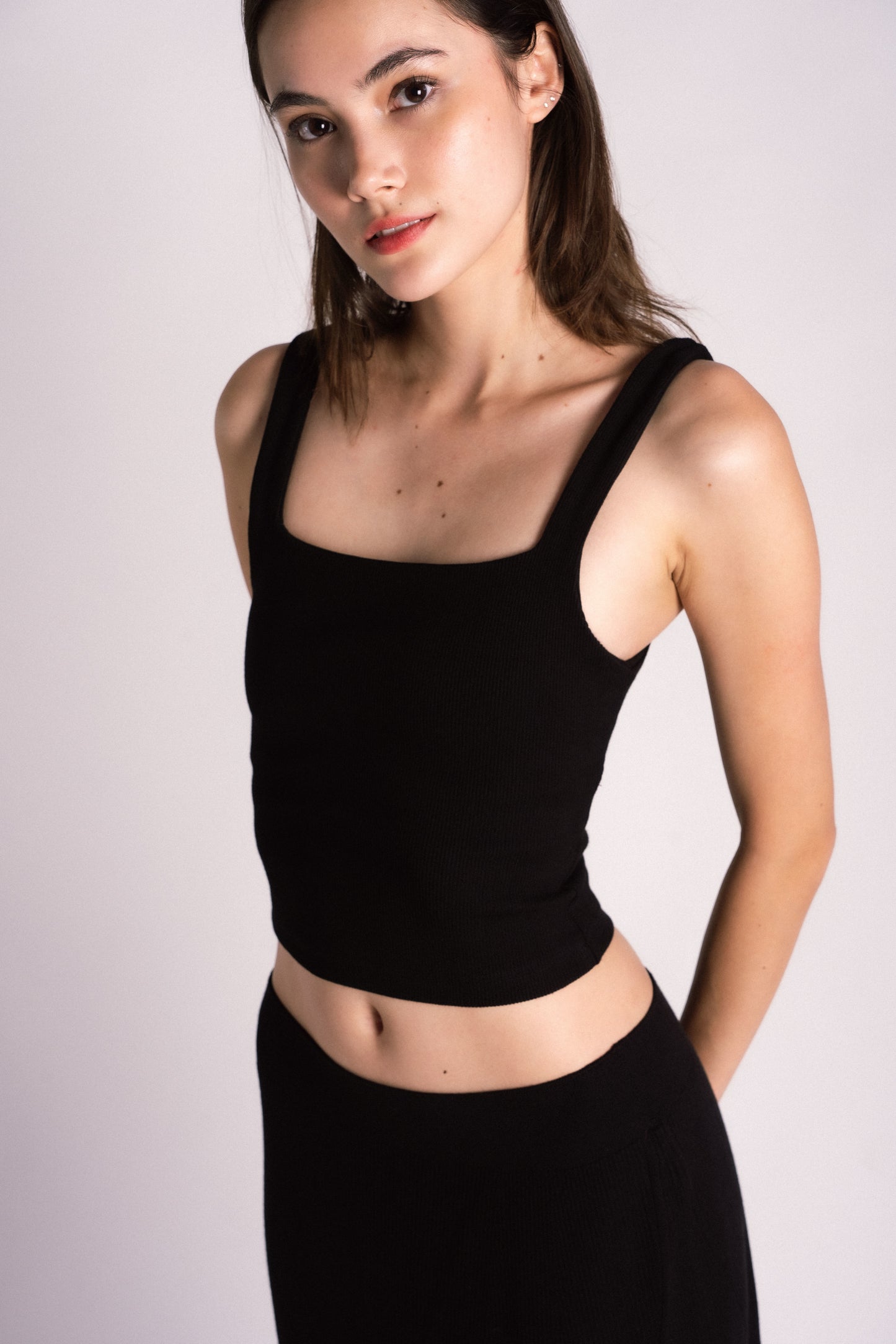 double lined square cut ribbed tank top black