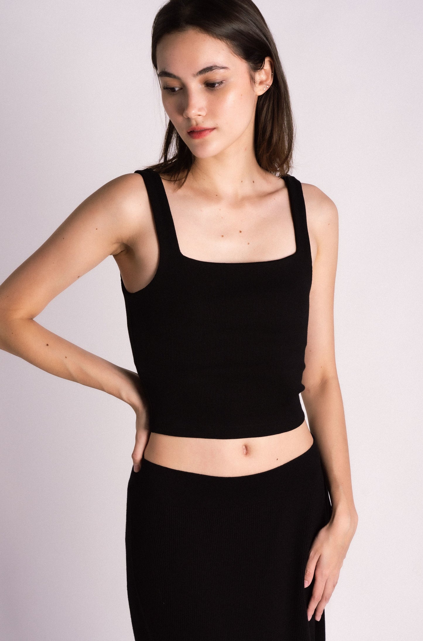 double lined square cut ribbed tank top black