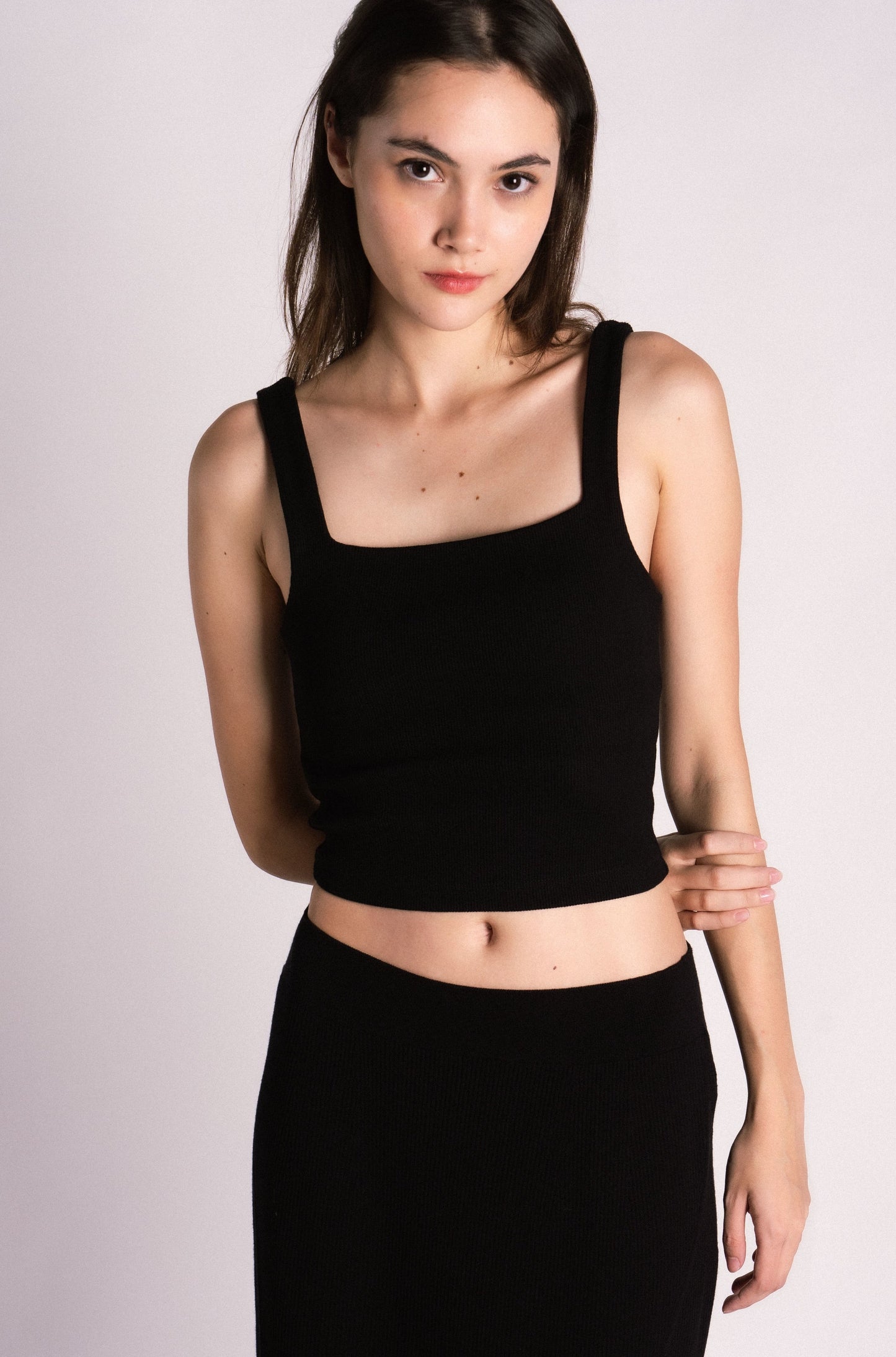 double lined square cut ribbed tank top black