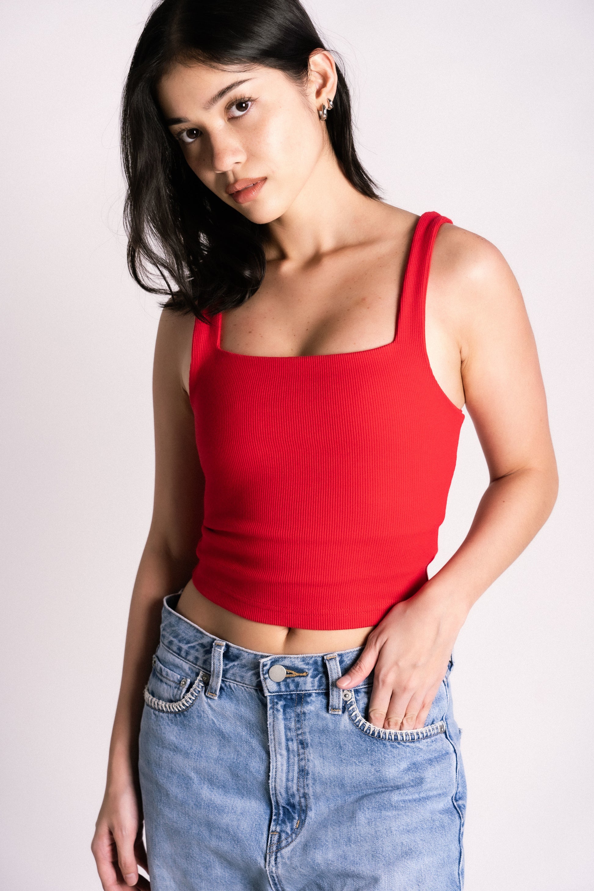 double lined square cut ribbed tank top cherry red