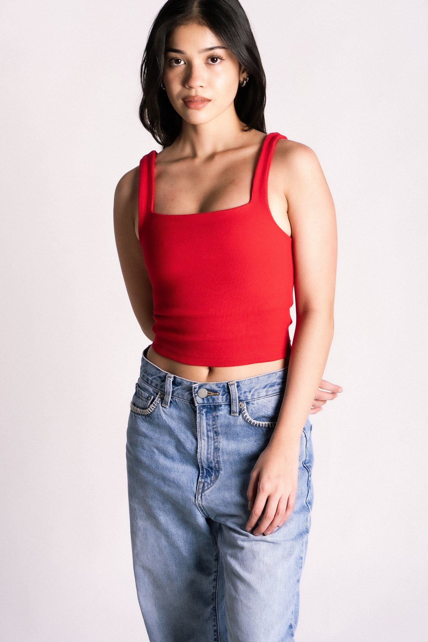 double lined square cut ribbed tank top cherry red