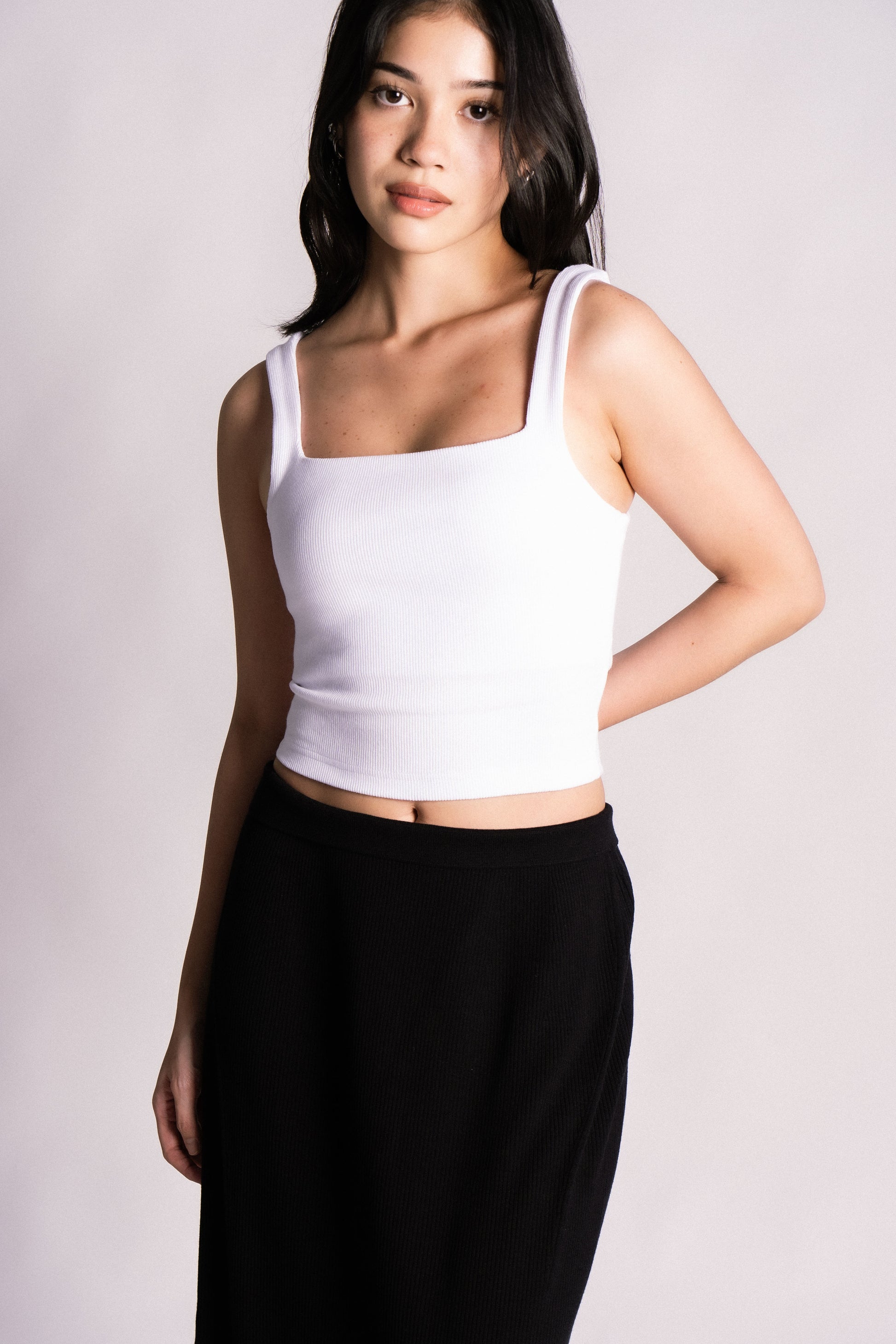 double lined square cut ribbed tank top white