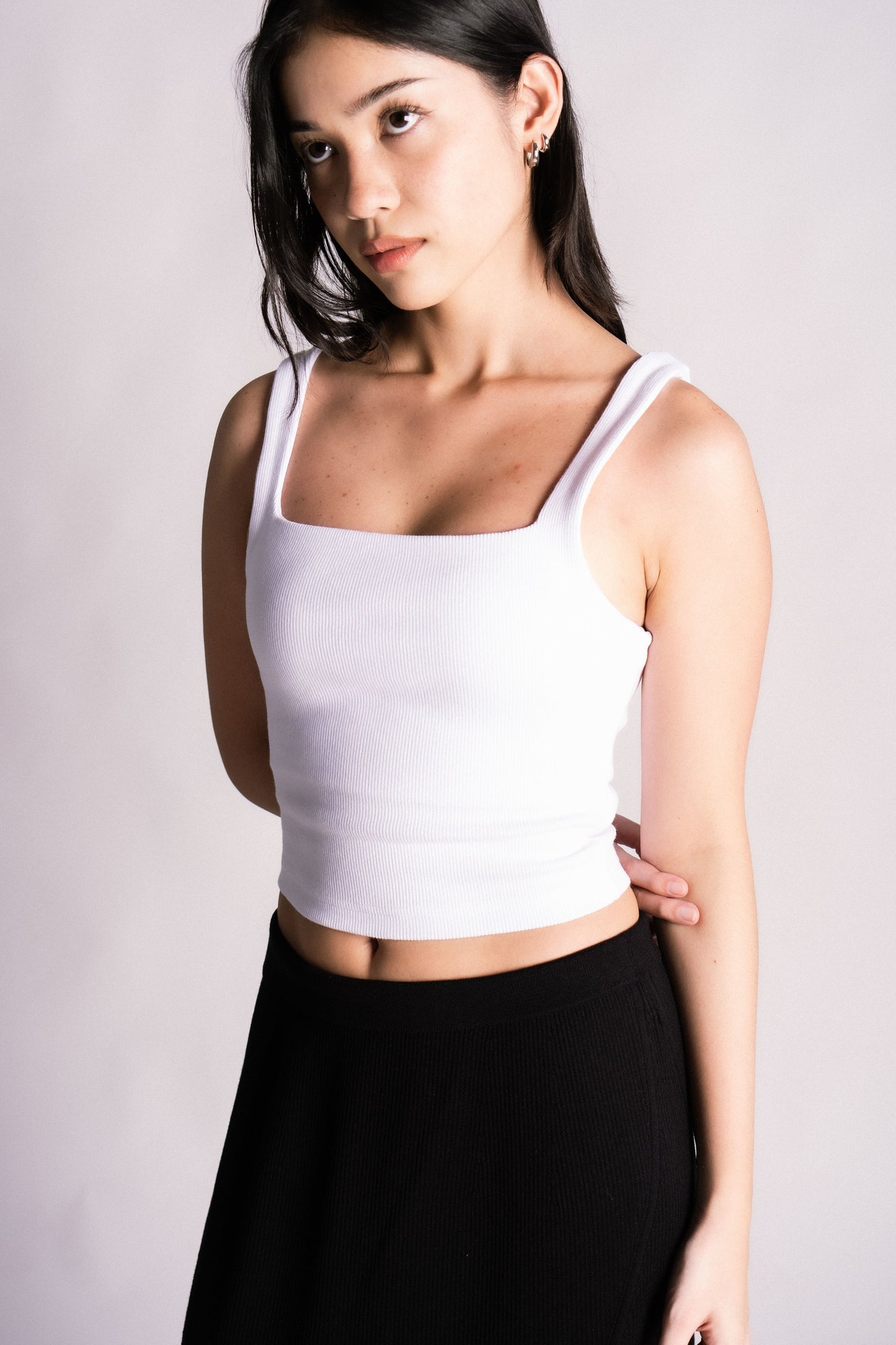 double lined square cut ribbed tank top white