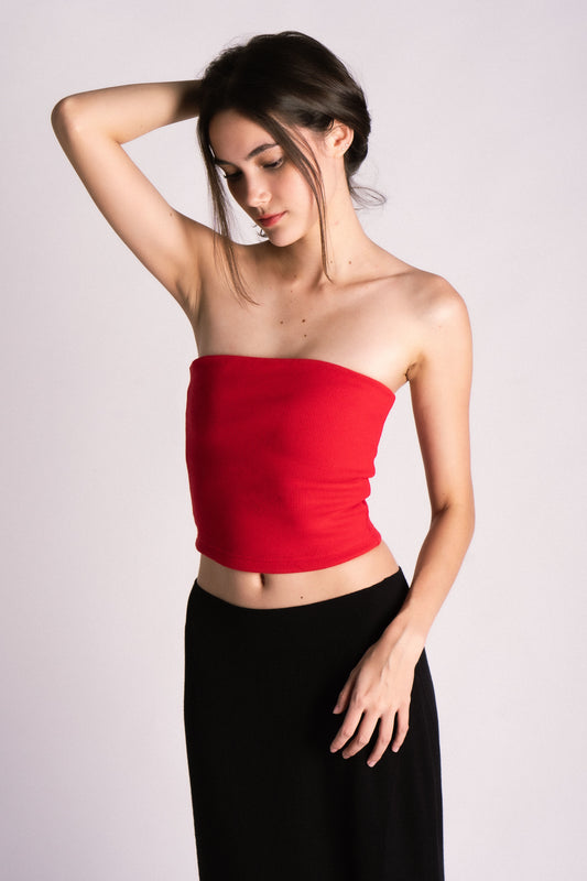 double lined ribbed boob tube top cherry red