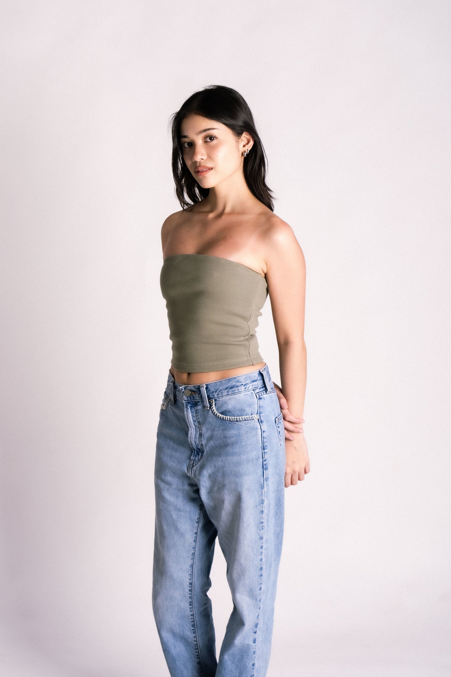 double lined ribbed boob tube top olive green