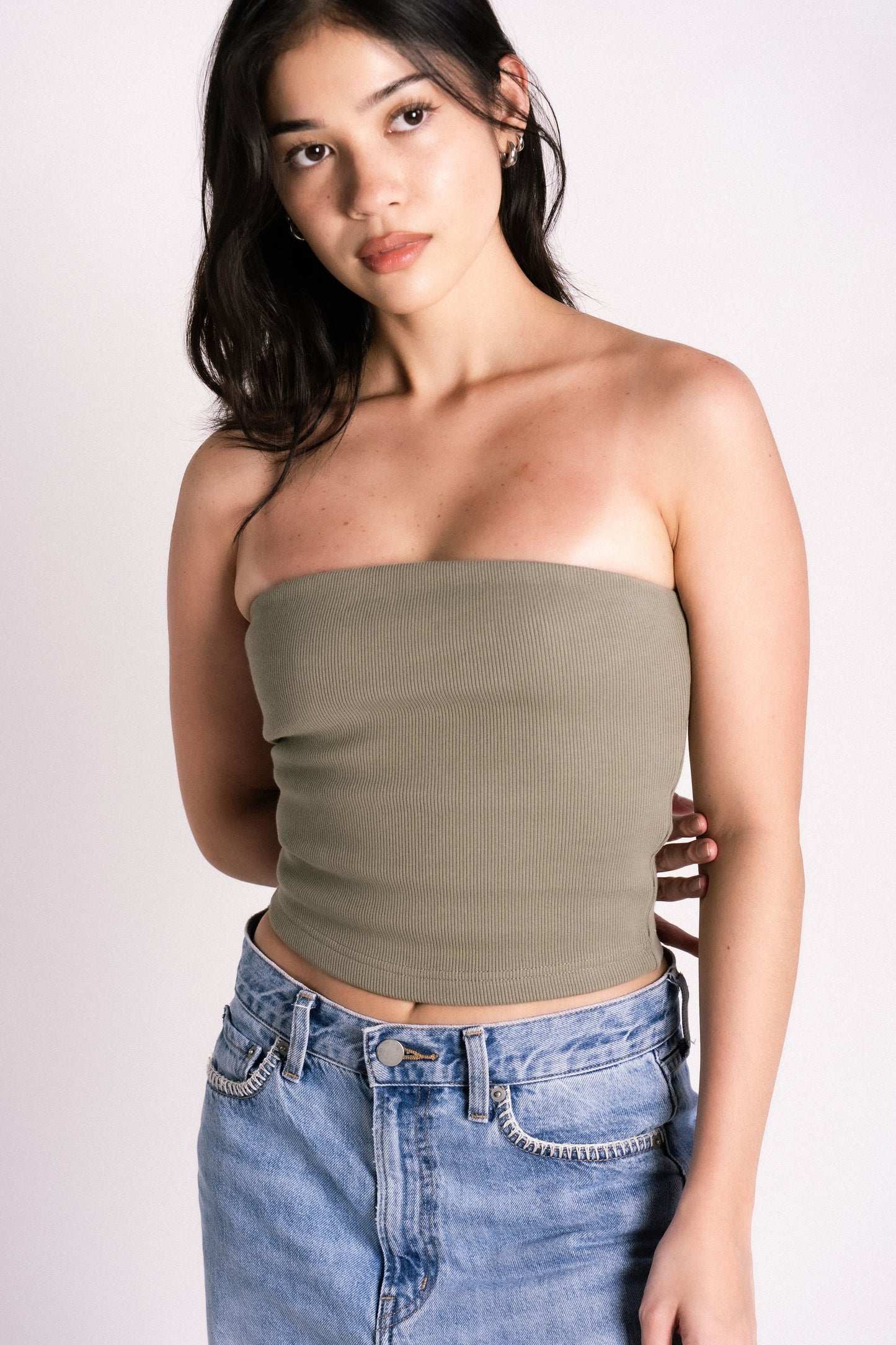 double lined ribbed boob tube top olive green