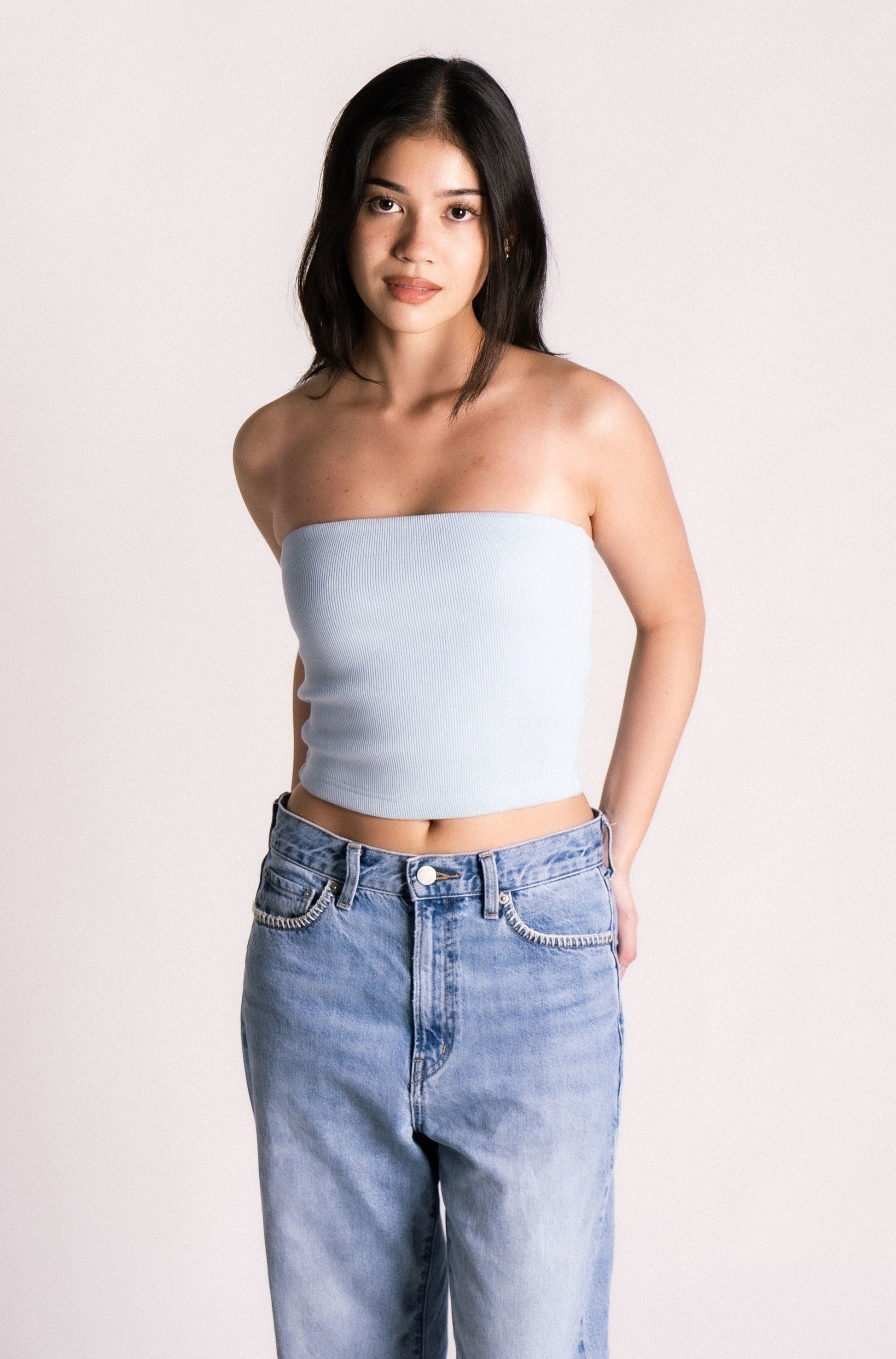 double lined ribbed boob tube top sky blue
