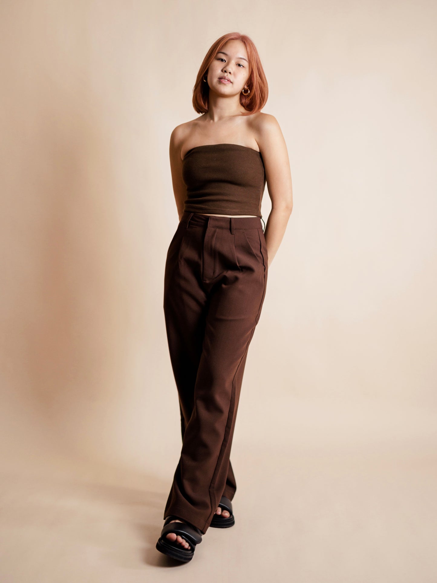 highwaist midwaist straight fit tailored pleated womens trousers chocolate brown