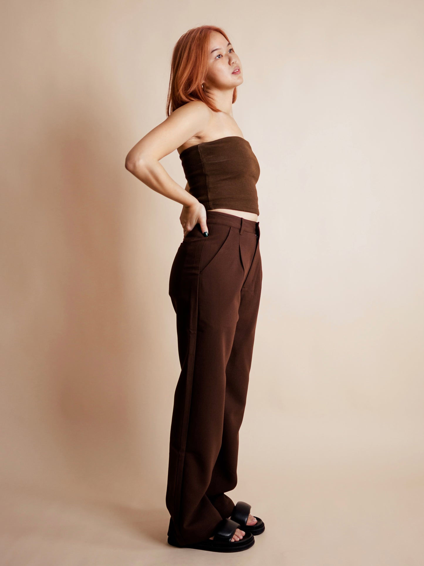 highwaist midwaist straight fit tailored pleated womens trousers chocolate brown