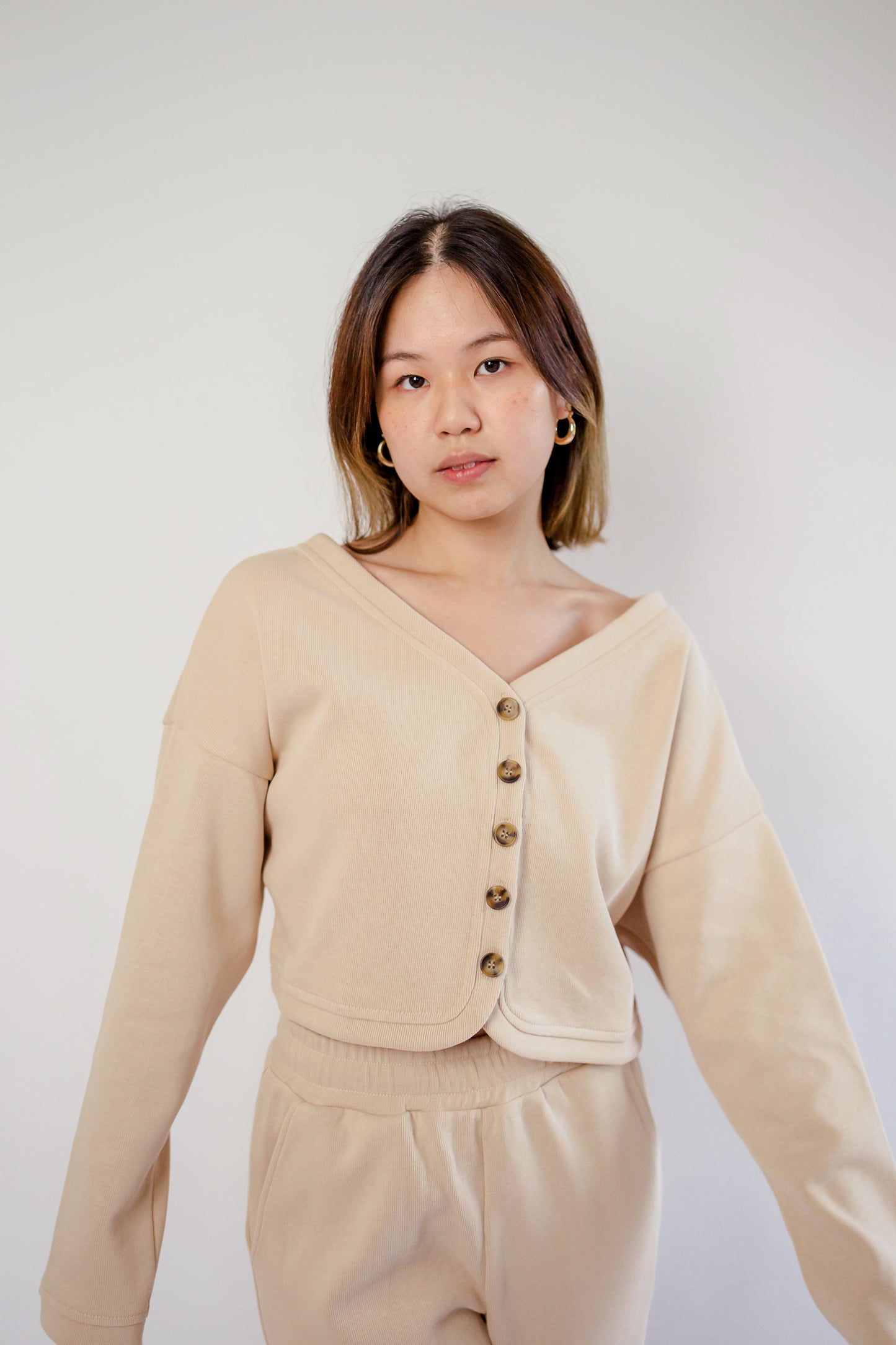 knit crop button baby cardigan biscuit beige